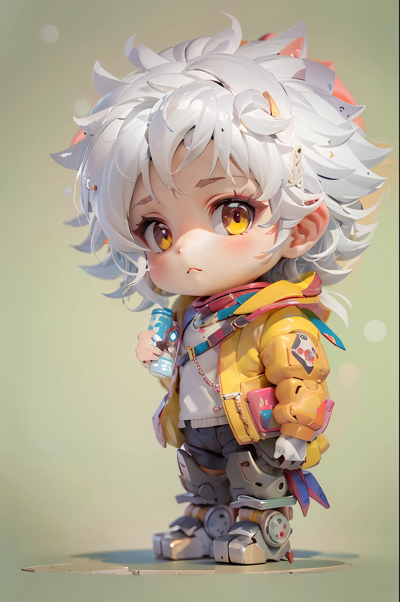 (1 robot boy:1.2),(Machinary:1.3),(mythological creatures:1.2),beast,(White hair:1.2),(yellow clothing:1.2),Fluffy,(beautfully face:1.2),gradient colors((best qualtiy)),((Masterpiece)),(offcial art,Beauty and aesthetics:1.2),depth of fields,composition(full bodyesbian:1.2),(tchibi:1.2),(beautiful and detailed eye:1.3),Long tail,(rainbow-candy:0.8),full bodyesbian，jj,  Black background，yin yang，chibi, full bodyesbian