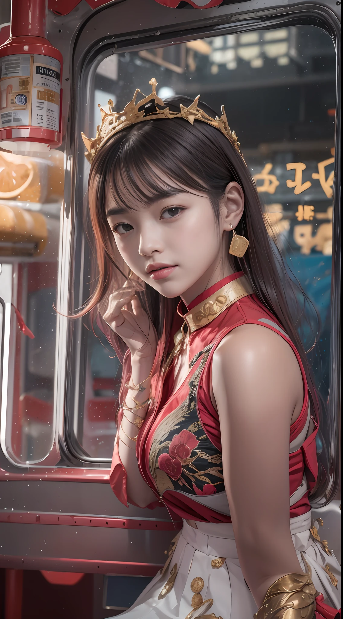 （tmasterpiece，k hd，hyper HD，16k）brunette color hair，15 year old girl，Multi-layer gauze skirt，Mahu embroidered crown gold inlaid hairpins，Rouge lips，Cherry mouth，Focus on the neckline，Soft hair like slippery silk，Sparkling，Almost reluctant to look away，She wears suspenders！Imagine that，She just wore a cheongsam to shop in the bustling Sanlitun，One can't help but want to take a closer look。Take a closer look, desi，Her belly pocket is quite stylish，The skirt flutters in the wind，It's like adding a touch of energy to the whole street，Crocodile skin train，A sneak peek angle，（From the angle below），Sit in a seat with a fish pattern on the train，sitting in front，Zoom camera，head portrait，Head down and sleepy-eyed，Look at the ground， best qualtiy， hyper HD， （realisticlying：1.4），， A high resolution， the detail， RAW photogr， Sharp Re， Nikon D850 Film Stock Photo by Jefferies Lee 4 Kodak Portra 400 Camera F1.6 shots, Rich colors, ultra-realistic vivid textures, Dramatic lighting, Unreal Engine Art Station Trend, cinestir 800，