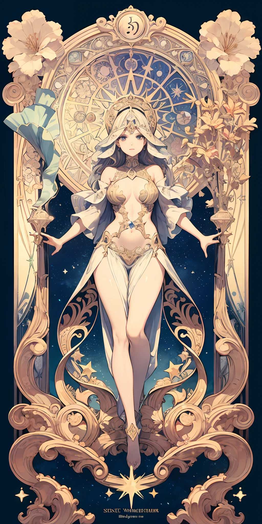 European woman, full bodyesbian, Flower frame, Decorative panels, abstract artistic, Alphonse Mucha (tmasterpiece, best qualtiy, A high resolution: 1.4), A detailed, Complicated details, 4K, Color splattering, Line art, Fibonacci, starrysky, natta, exteriors, Clouds, Reflectors, Eau, magick, (tarot cards),Cards, Water magic, sorceress woman, ((beautiful golden crystal star)) buliding, palaces, Patterned, Sumeru, Clouds, themoon