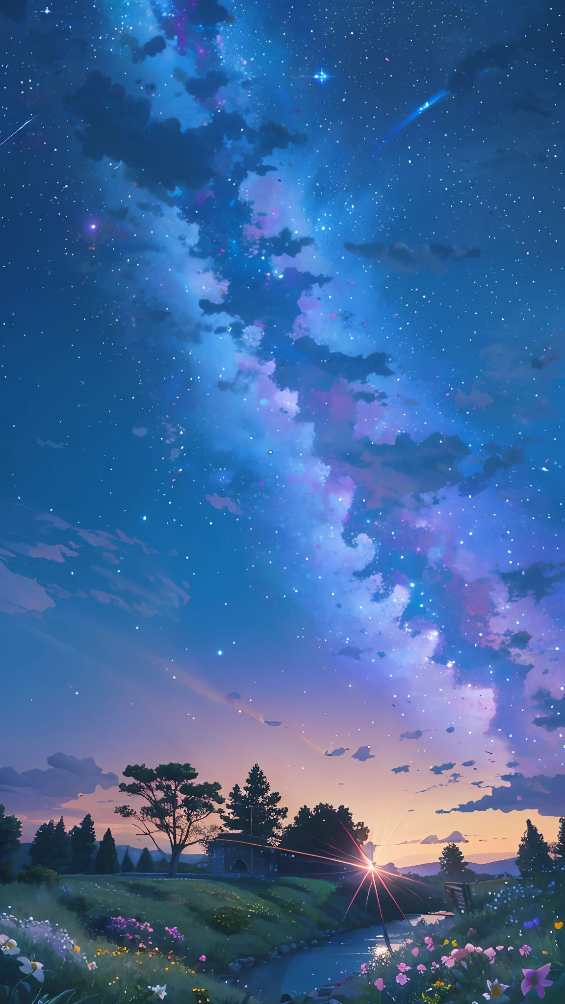 High quality, high detail, brilliant starry sky, flowers of various colors emit dazzling light CG Art 8K --auto --s2
