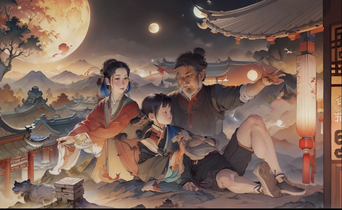 Ancient Chinese landscapes,Ancient buildings,Pavilions,Carved beams and paintings,enchanting scenery,Night,Moon light,Layered, Rich light and shadow,Mid-Autumn Festival, Ink painting style,clean color,Low-saturation colors,Colors of low brightness,Decisive cut,Leave white space,impressionistic,tmasterpiece,ultra - detailed,Epic composition, HighestQuali,hyper realisitc,Art germ --v 6