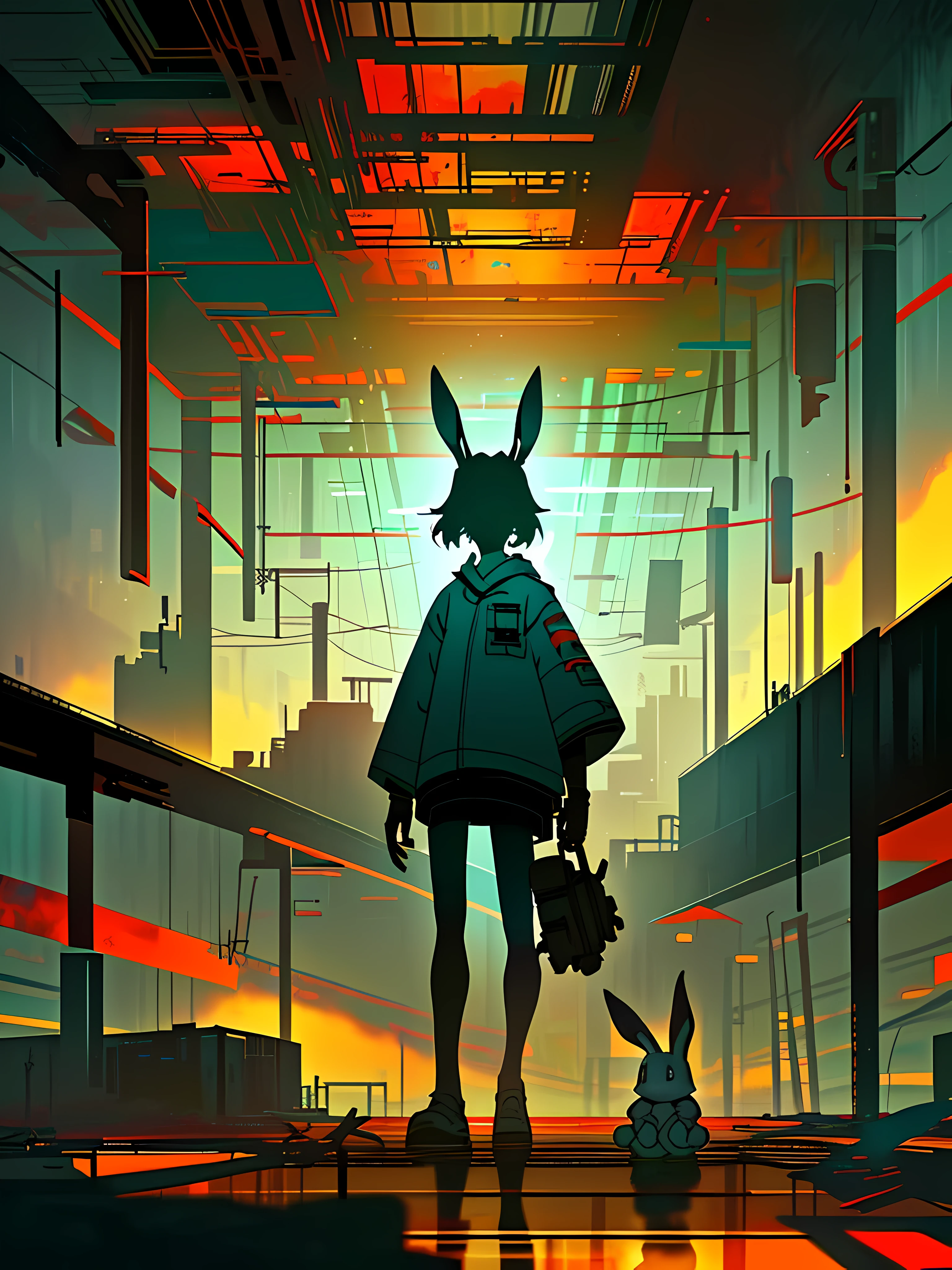 (blame! style abandoned tech landscape), (Zen, Amy Sol style), (underground, dark, foggy, perilous, abandoned dystopian apartment bedroom, deep windows), (abstract anthro rabbit figure wearing bunny ears), cover art with light abstraction, abstract, simple vector art, contemporary Cybernetic art, color gradients, soft color palettes, layered forms, whimsical animation, style Ethereal abstract, 4K, --v6