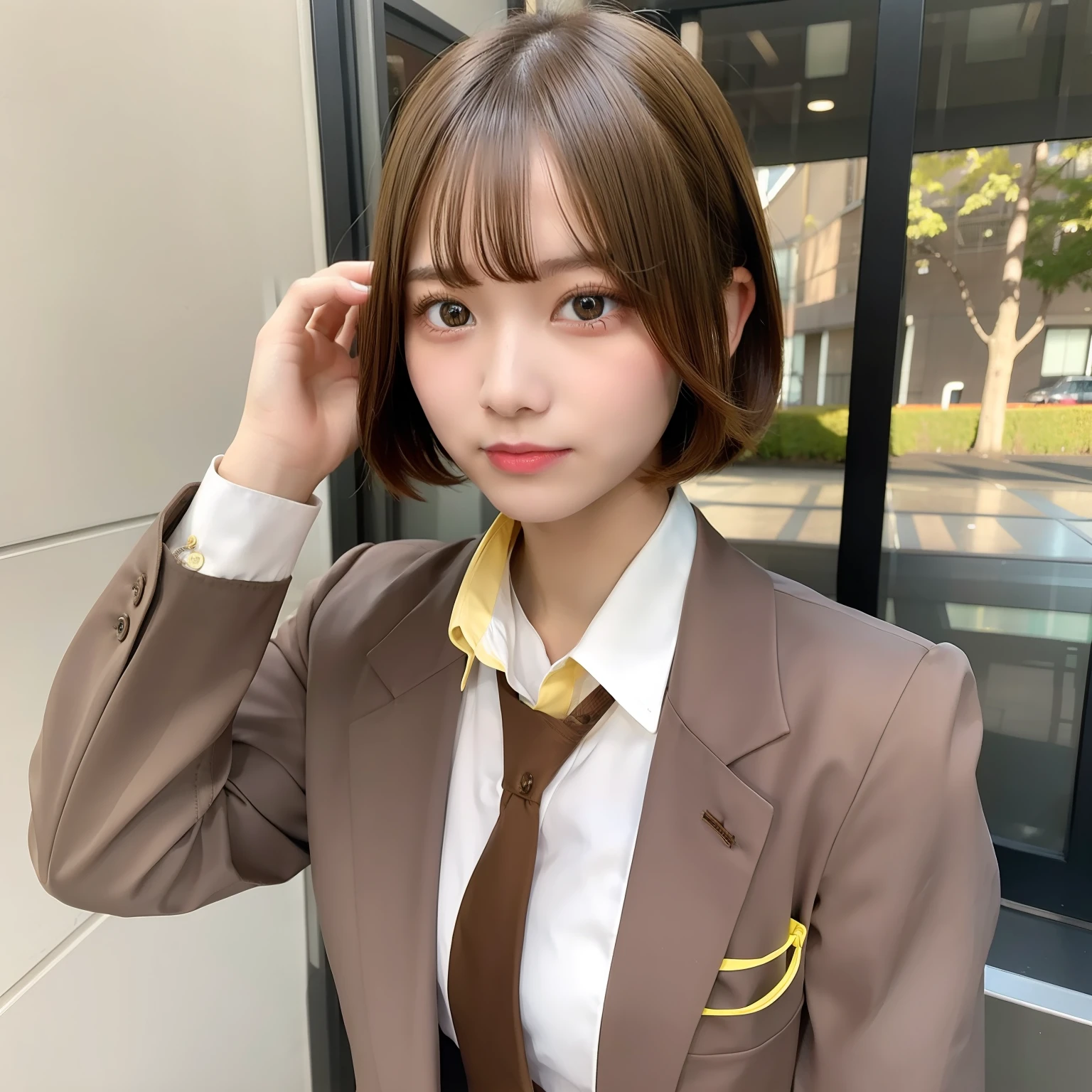 1 girl, short hair, yellow hair, school dress, wearing brown suit, realistic, ultra hd