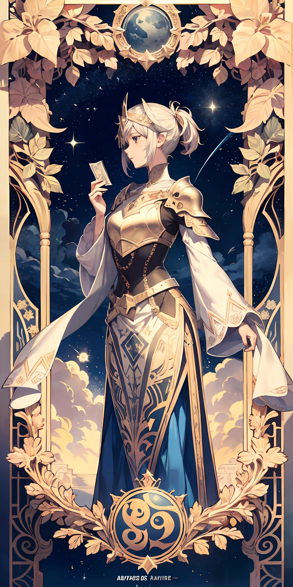 European female knight in armor, full bodyesbian, Flower frame, Decorative panels, abstract artistic, Alphonse Mucha (tmasterpiece, best qualtiy, A high resolution: 1.4), A detailed, Complicated details, 4K, Color splattering, Line art, Fibonacci, starrysky, natta, exteriors, Clouds, Reflectors, Eau, (tarot cards),Cards, ((beautiful golden crystal star)) buliding, palaces, Patterned, Sumeru, Clouds, themoon