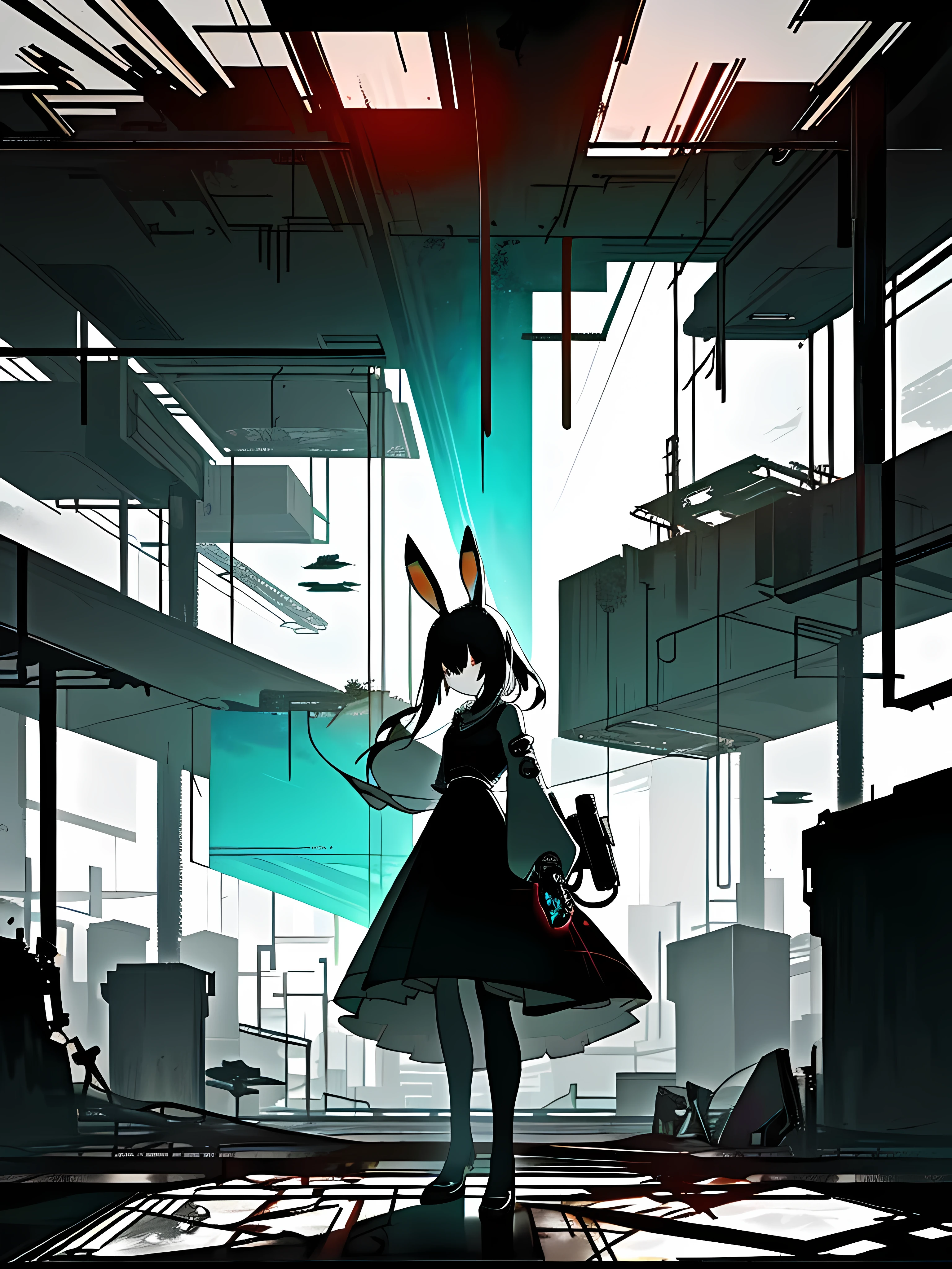 (blame! style abandoned tech landscape), (Zen, Amy Sol style), (underground, dark, foggy, perilous, abandoned dystopian apartment bedroom, deep windows), (abstract anthro rabbit figure wearing bunny ears), cover art with light abstraction, abstract, simple vector art, contemporary Cybernetic art, color gradients, soft color palettes, layered forms, whimsical animation, style Ethereal abstract, 4K, --v6