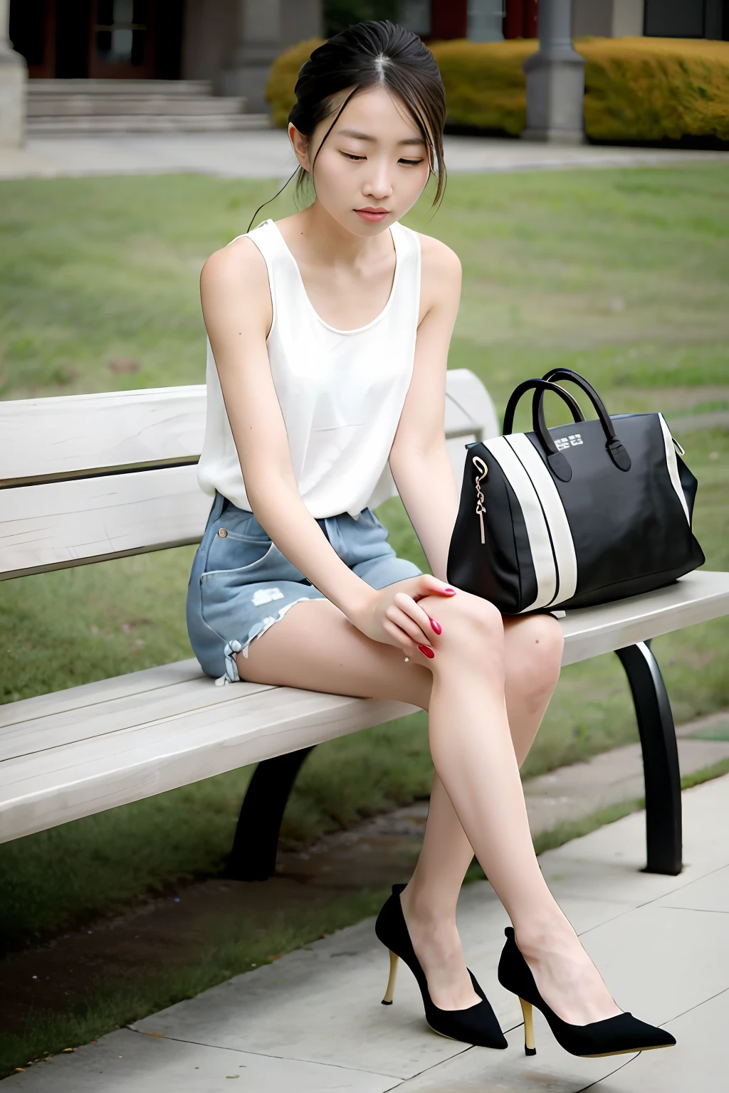 there is a woman that is sitting down on a bench, girls resting, sitting on a bench, sitting on a bench, wearing elegant casual clothes, Sitting on a park bench, Sit on a bench, wearing off - white style, dressed with long fluent clothes, arte mista, modern casual clothing, modern fashion outfit, casual modern clothing, woman, casual clothing style,Lace socks:1.3,high-heels,Chinese woman,cropped shoulders