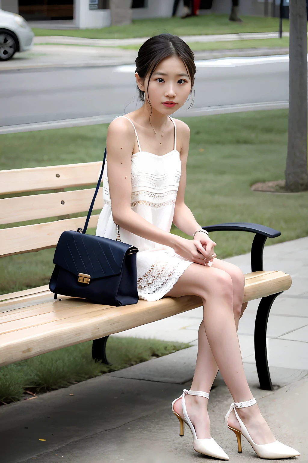 there is a woman that is sitting down on a bench, girls resting, sitting on a bench, sitting on a bench, wearing elegant casual clothes, Sitting on a park bench, Sit on a bench, wearing off - white style, dressed with long fluent clothes, arte mista, modern casual clothing, modern fashion outfit, casual modern clothing, woman, casual clothing style，Lace socks：1.3，high-heels,Chinese woman，cropped shoulders