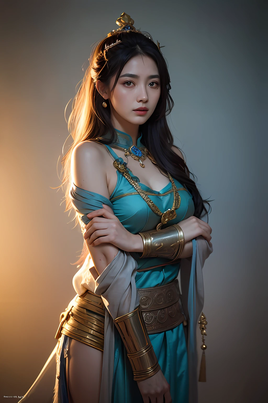 1girl, Dunhuang Flying Apsaras costume, messy long hair, Ji Jian, Dunhuang style, a lot of smoke, superb, elegant colors, (realistic, high detail, masterpiece, super detailed, dynamic angle, mural background, ink wash, amazing, movie lighting, illustration, chiaroscuro, backlighting, god rays, holland, best quality, best quality