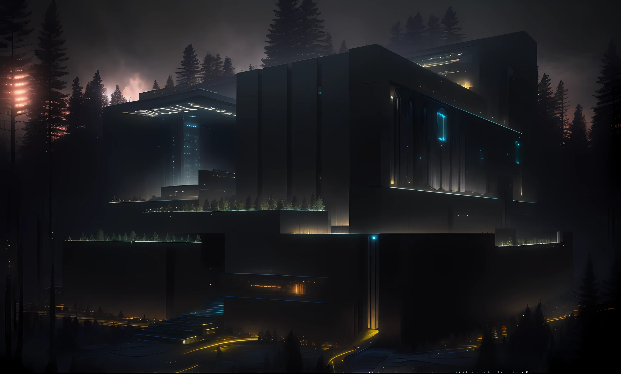nature, epic futuristic building in the center, dark, fade, warm, glow at night, raw, hdr, (forest:1.3), cinematic, slate grey, dramatic light, architecture