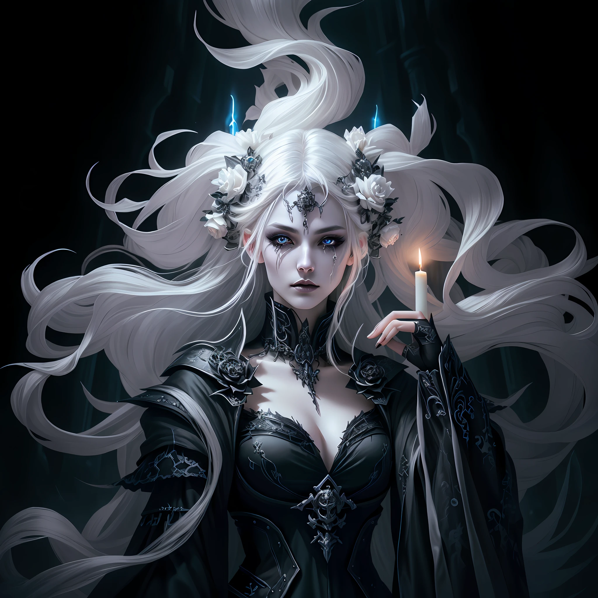(tmasterpiece,best qualtiy), 独奏,A white-haired woman holds a candle,anime skull portrait woman,beautiful necromancer girl,beautiful girl necromancer,,Smoky, Flowing white hair,Harsh eyes,paleskin,black eyeshadows,Black blood and tears,Gothic shoujo anime characters,beautiful necromancer,gothic fantasy art,dark fantasy style art, White-haired god,Retrato de um necromante feminino,necromante feminino,goddess of death,dark moody lighting,with light glowing,mistic,magical,edge lit