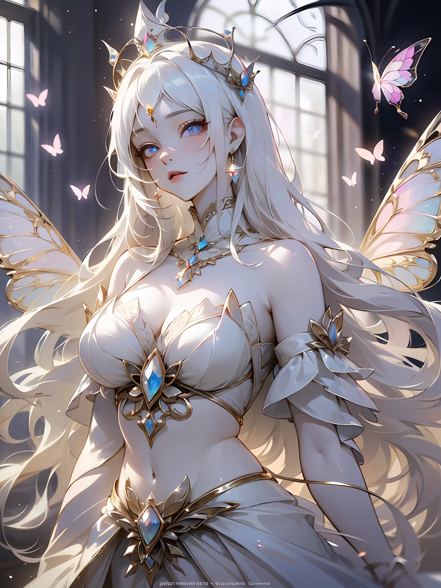 1 woman with a crown，Above the waist，Beautiful and elegant butterfly queen, Guviz, Fantasy art style, 8K high quality detailed art, Butterfly Lord, Beautiful and seductive butterfly princess，digital fantasy art , ellegance, (long  white hair，White-colored skin，The skin is translucent white，sparkle in eyes，Wearing plain white clothes，beautiful  face，Lonely pale face，Particle，Glow，Guviz-style artwork, WLOP Art,