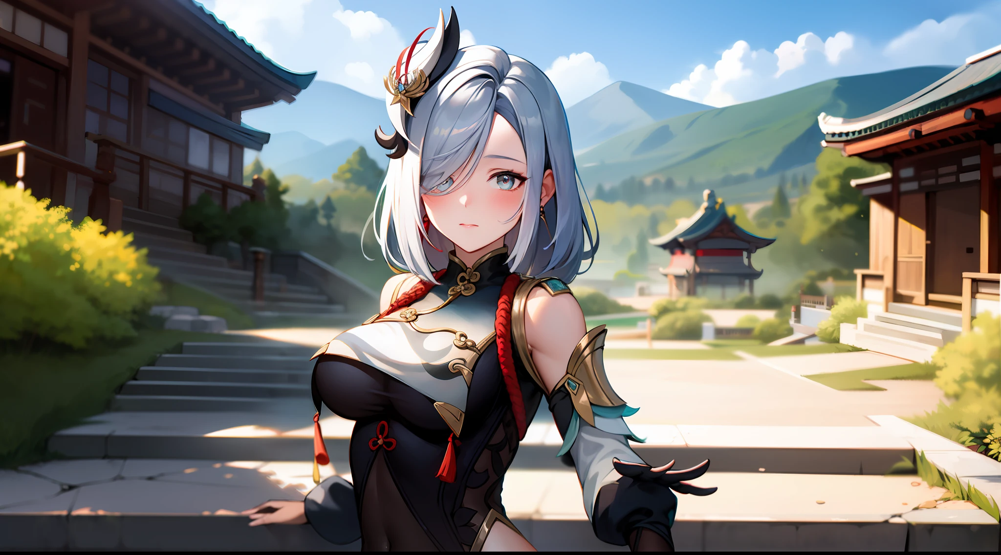 shenhedef, upper body, no expression, blush, outdoors, day, liyue house background, blue sky, short hair, sky, temple, looking at viewer, stairs, mountain, moody lighting, rinnegan eyes