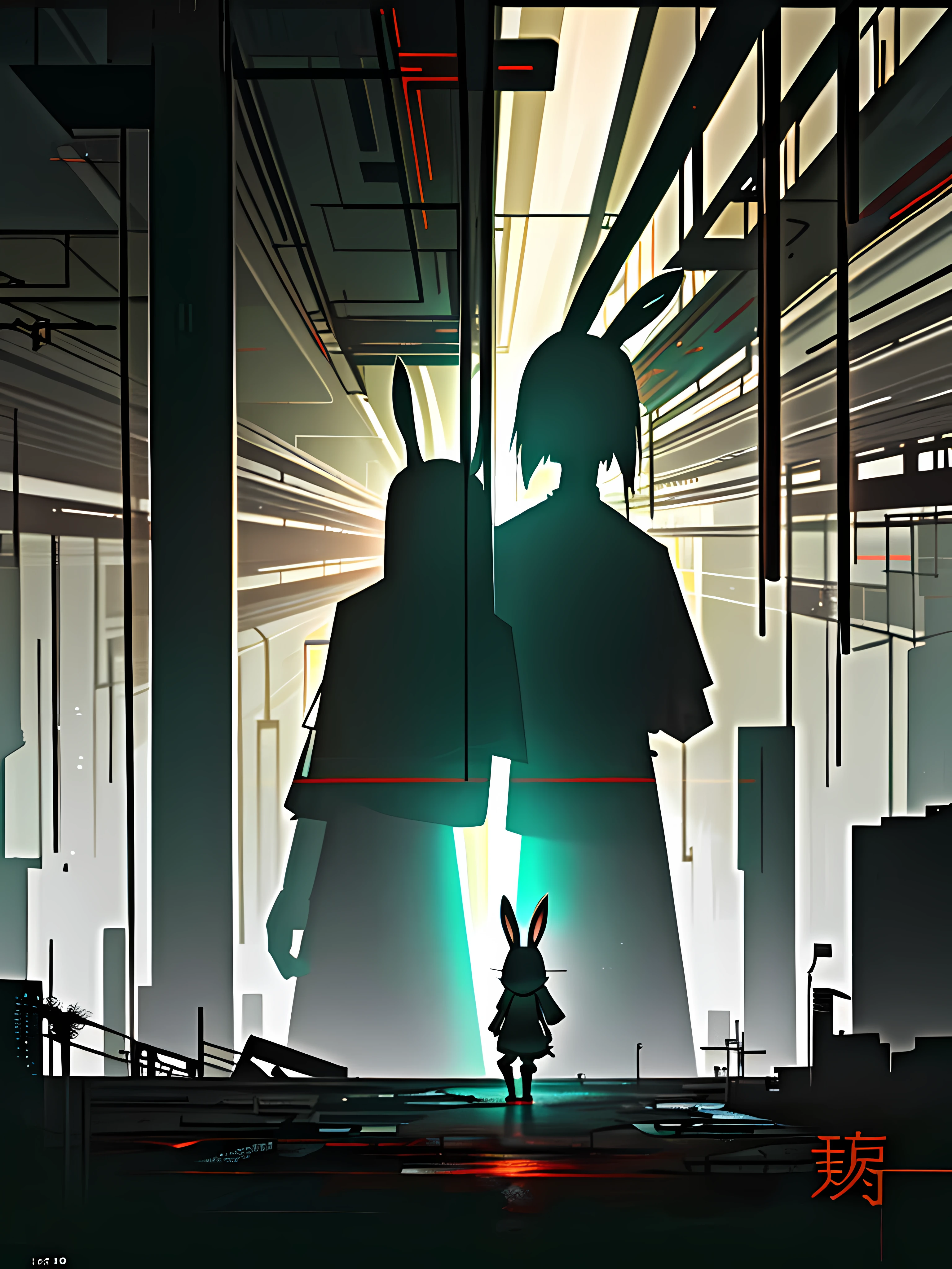 (blame! style abandoned tech landscape), (Zen, Amy Sol style), (underground, dark, foggy, perilous, abandoned dystopian apartment bedroom, deep windows), (abstract anthro rabbit figure wearing bunny ears), cover art with light abstraction, abstract, simple vector art, contemporary Cybernetic art, color gradients, soft color palettes, layered forms, whimsical animation, style Ethereal abstract, 4K, --v6