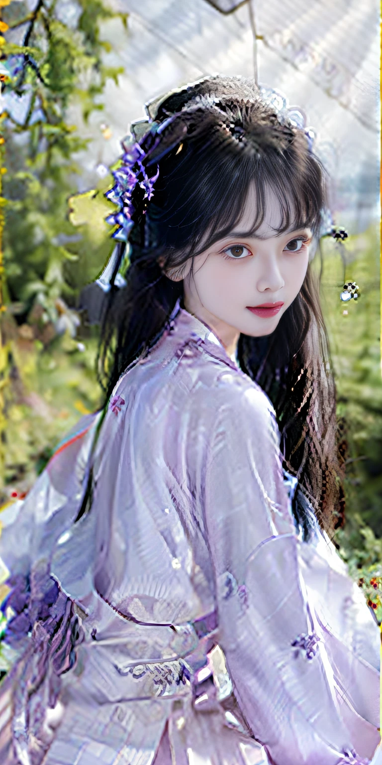 masterpiece, black_hair, 1 girl, looking at the audience, long_hair, nail_polish, solo, ancient art, Chinese,(8k, best quality, masterpiece:1.2), (realistic, realistic:1.2), (background sky: 1.2), (face close-up: 1.7), looking at the audience, hanfu, 1girl, (purple flower pine ink: 1.1), face close-up, detailed face, hanfu, song, long shan, pleated skirt,cinematic lighting, motion blur, ray tracing, god rays, bloom, drop shadow, close-up, lens flare, UHD, masterpiece, ccurate, anatomically correct, textured skin, super detail, high details, high quality, award winning, best quality, highres, 16k, HD, face close-up, close-up, close-up, accurate, correct hand, (anatomically correct: 1.5),
