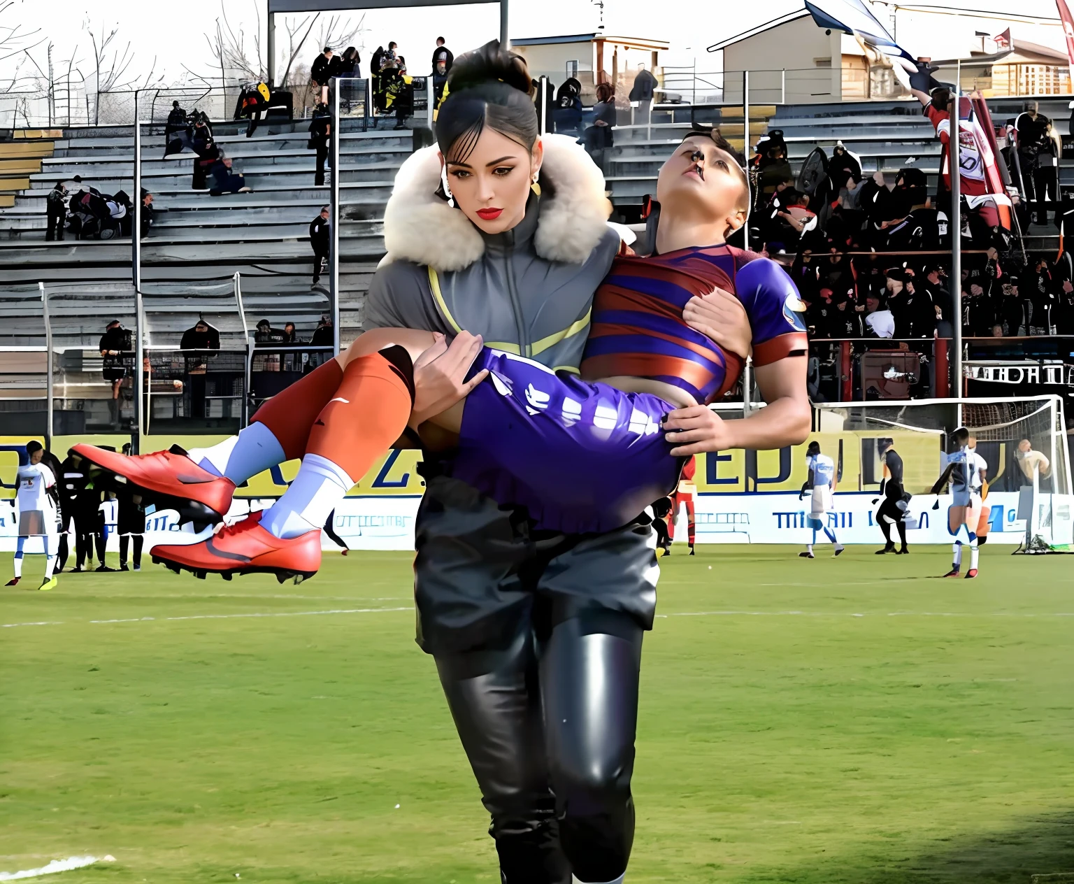 a consciousless athlete in matte red sportswear, a shorthaired fainted man in matte red shorts and shirt, a fainted man is hanging in the arms of a horny policewoman, a ponytailed policewoman with lots of makeup in a black leather uniform, shiny wet leather trousers, a longhaired pretty policewoman with smokey eyes, a attractive madeup policewoman in shiny leather with lipstick, a policewoman is carrying a male athlete, a matte clothed injured sportsman, a shorthaired athlete with cotton shorts and t-shirt, a shorthaired bearded sportsman needs to be carried while wearing matte cotton clothes, there is a leather-clad policewoman holding an injured male athlete in a field with a soccer ball, realistic scene, on a soccer field, photoshopped, realistic shot, funny professional photo, imgur, photobashing, alexandra fomina, realistic photo shoot, soccer, photo manipulation, portrait shot