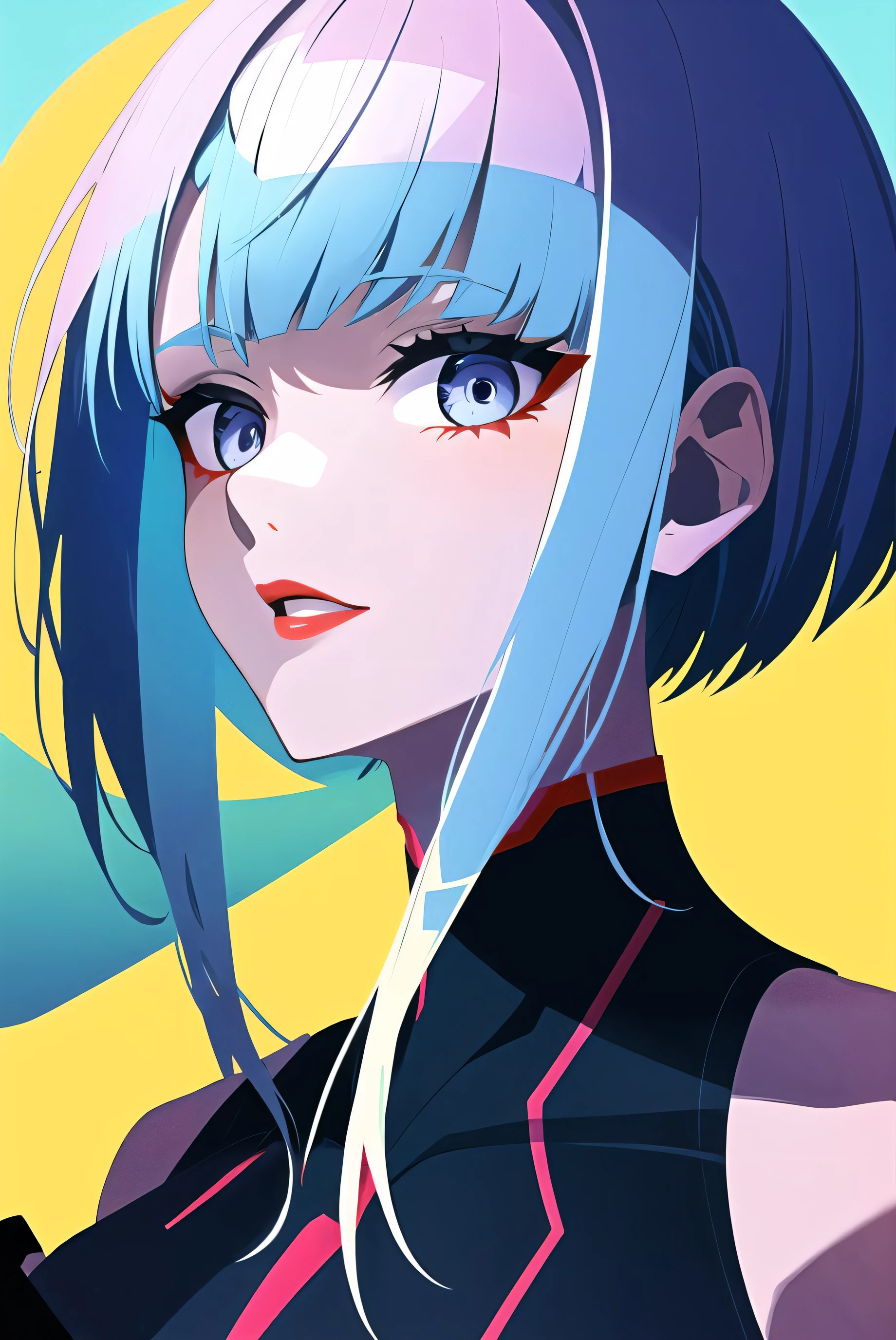 lucy \(cyberpunk\), 1girl, arm up, bangs, blue hair, colored tips, full moon, grey eyes, jacket, long sleeves, looking at viewer, medium hair, moon, multicolored hair, parted bangs, parted lips, pink hair, portrait, red eyeliner, red lips, solo, white jacket, cyberpunk \(series\), cyberpunk edgerunners