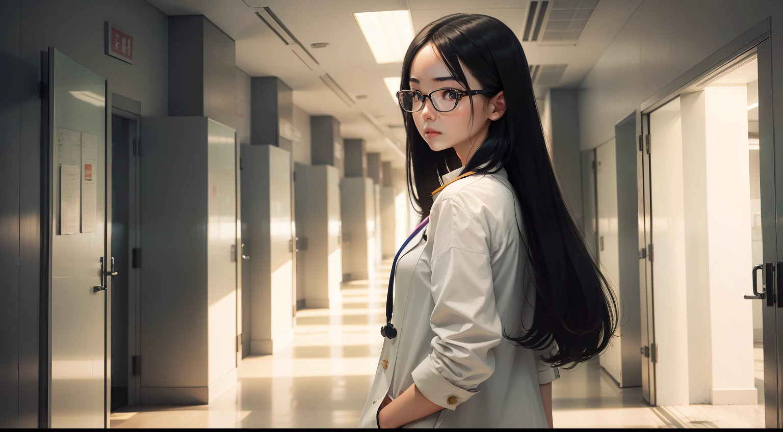 hospitals，hallways as background，a girl is doctor，chinese, figure viewed from behind， black hair，long hair, blond eyes，wears glasses，Manteau blanc，Put your hands in your pockets，