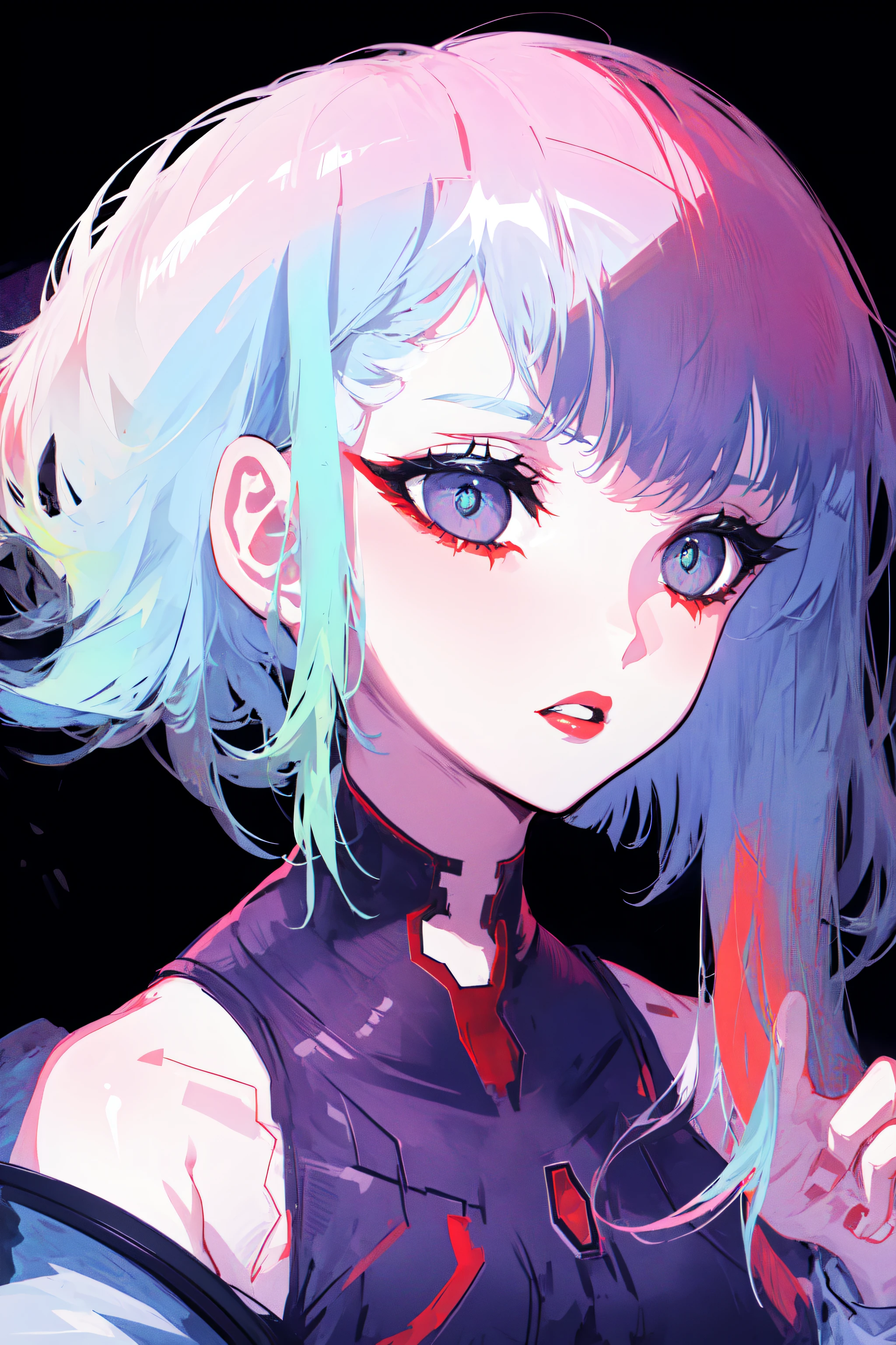 lucy \(cyberpunk\), 1girl, arm up, bangs, blue hair, colored tips, full moon, grey eyes, jacket, long sleeves, looking at viewer, medium hair, moon, multicolored hair, parted bangs, parted lips, pink hair, portrait, red eyeliner, red lips, solo, white jacket, cyberpunk \(series\), cyberpunk edgerunners ,