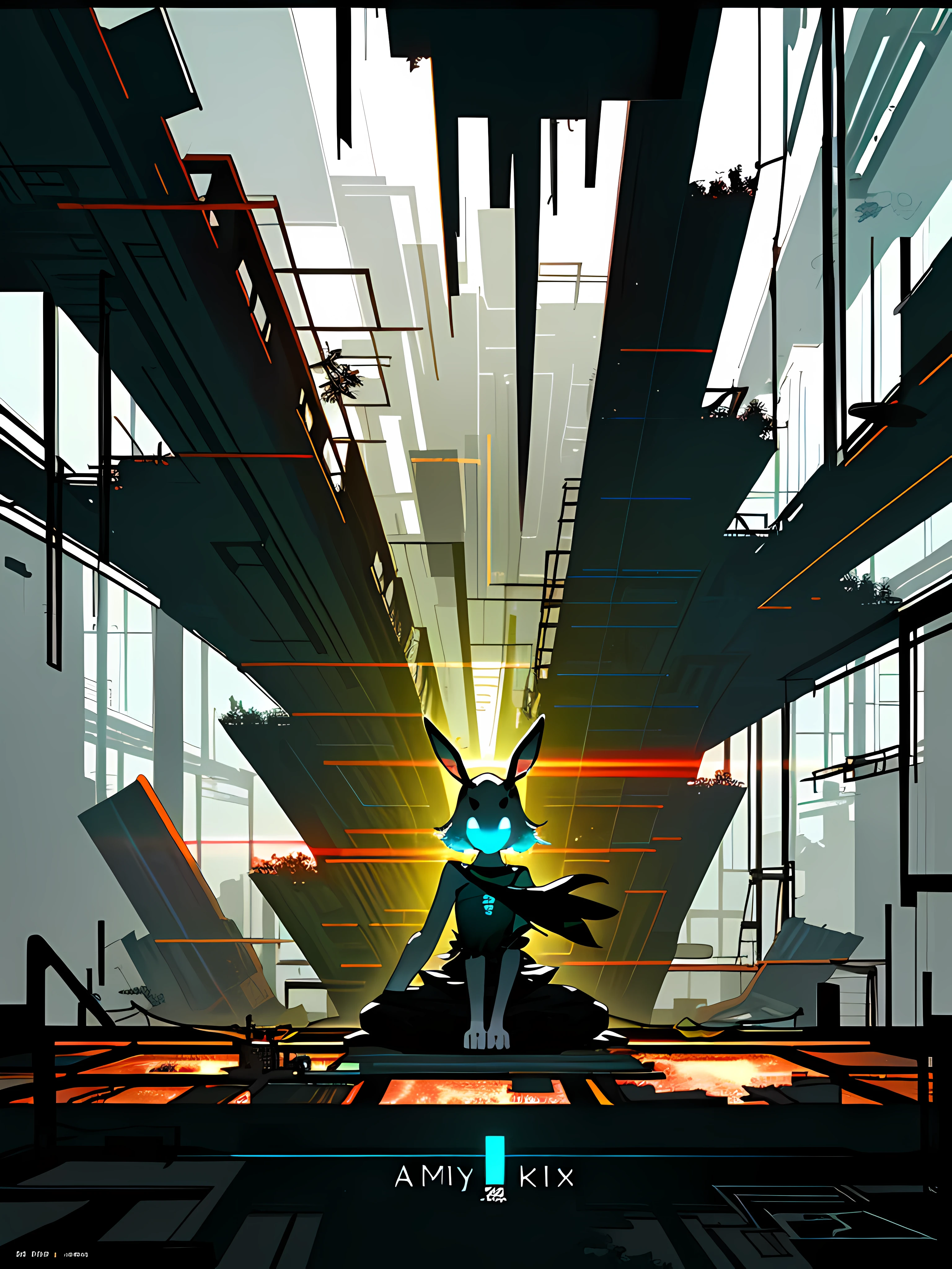 (blame! style abandoned tech landscape), (Zen, Amy Sol style), (underground, dark, foggy, perilous, abandoned dystopian apartment bedroom, deep windows), (abstract anthro rabbit figure wearing bunny ears), cover art with light abstraction, abstract, simple vector art, contemporary Cybernetic art, color gradients, soft color palettes, layered forms, whimsical animation, style Ethereal abstract, 4K, --v6