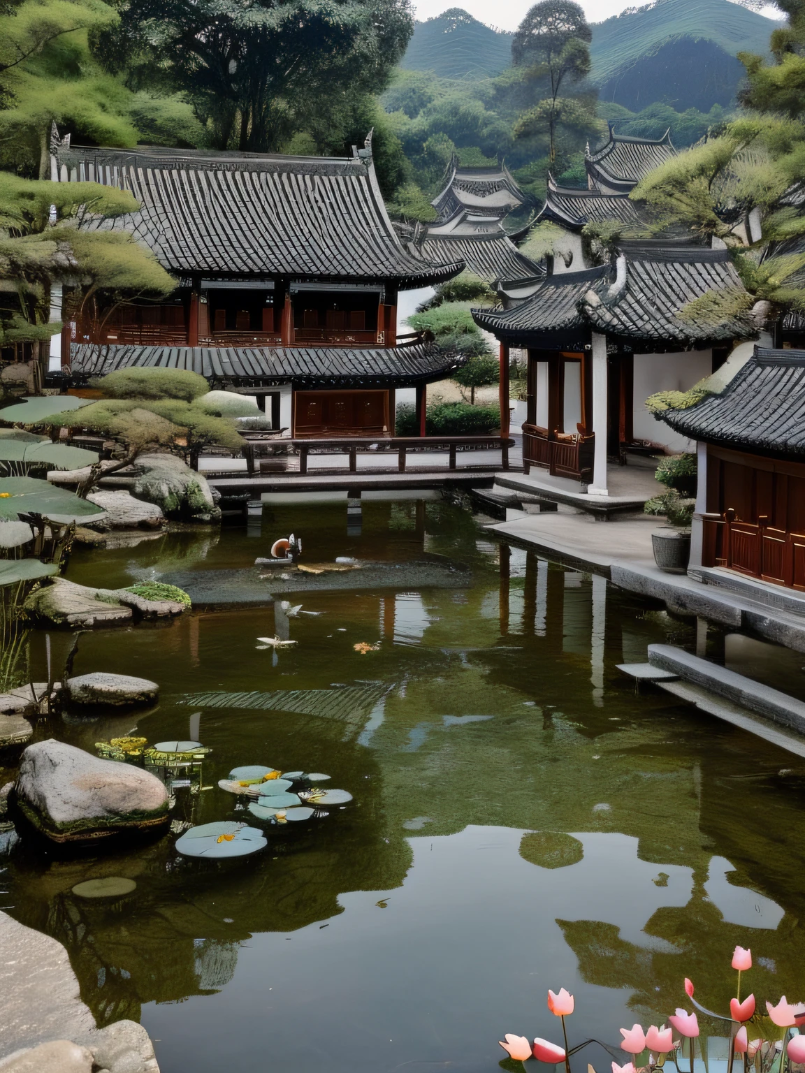Traditional Chinese residential garden,Zen landscape,Scenic beauty,rockery,fishpond,Koi,lotuses,Cornices warped,Stone pavement,a plant,White walls and black tiles,Small bridge in front of the building,Chinese architecture,Koi fish swim around under the clear water,Several lotus plants bloom beautifully on the surface of the water