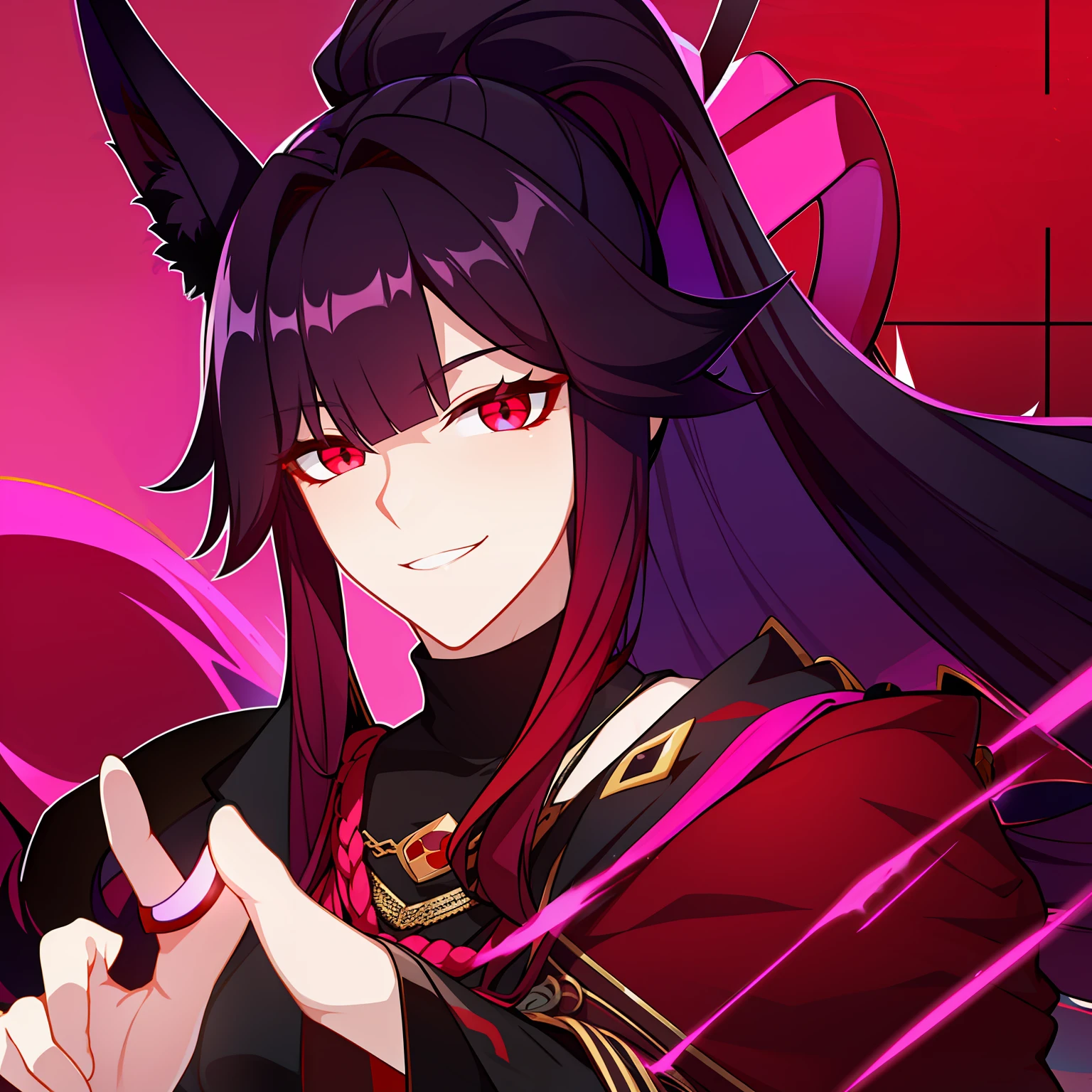 Young guy, pretty facial features, long dark purple hair, half gathered in messy ponytail, half loose, dangerous bright red eyes, black fit clothes with many jewels, fox ears and tail, mad smile