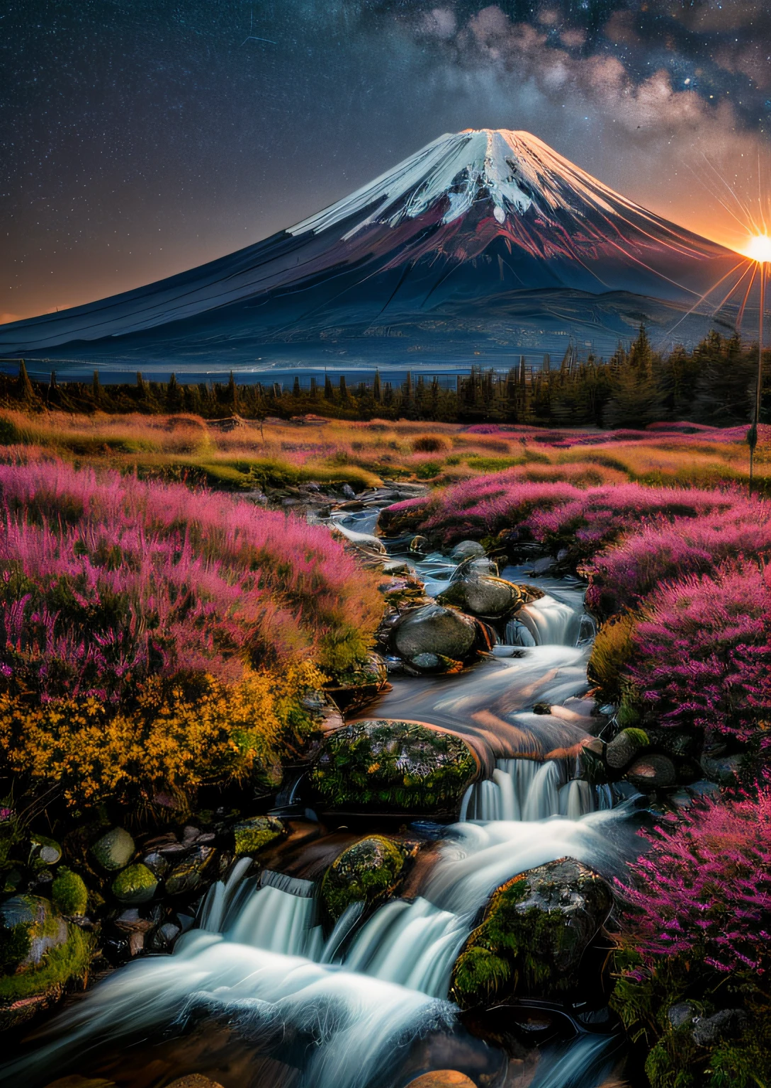 RAW photo of the landscape，small detailed，realisticlying，ultra real photo，8K  UHD，Digital SLR，softlighting，high high quality，filmgrain，Fujifilm XT3，（tmasterpiece），Mt fuji，Stars，the setting sun，abstracted