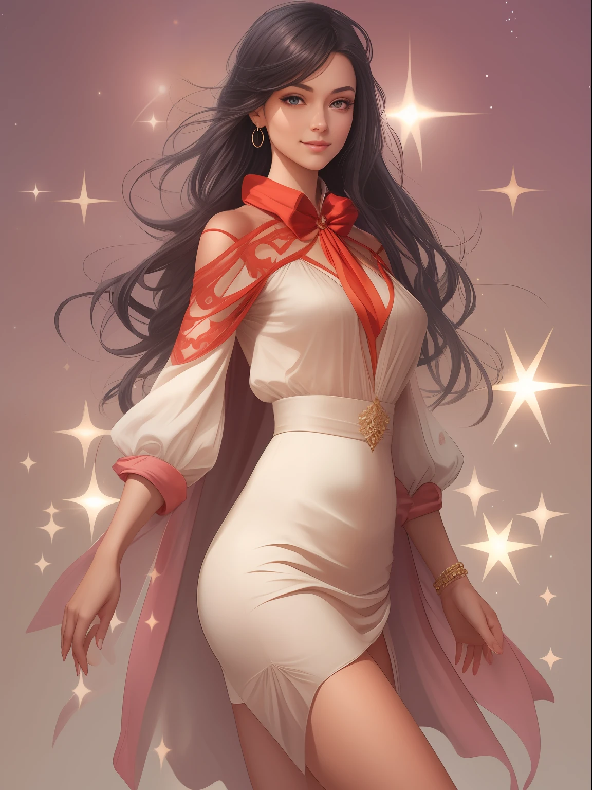 Full body portraitof a beautiful woman in the center.She has wonderful black hair, lustrous skin, mesmerizing legs, a big and beautiful backside. Intimate. She is dressed in a luxurious red very thin silk dress. She magnetizes riches, prosperity and genuine loves. Background is the universe, glaxy, stars, comets. A mystical, magical and charming air. (masterpiece), realistic, (27 year old female), pretty face, wearing simple very thin silk beige shirt and very thin silk skirt. studio lighting, cinematic light, beautiful woman, beautiful brilliant black eyes. perfect ???????, very cute smile, princess eyes, center image, style, bioluminescent, life size 8, 8k resolution. elegant, close to perfection, dynamic, highly detailed, character sheet, concept art, soft, positioned so that their bodies are al symmetrical and balanced directly towards the viewer.