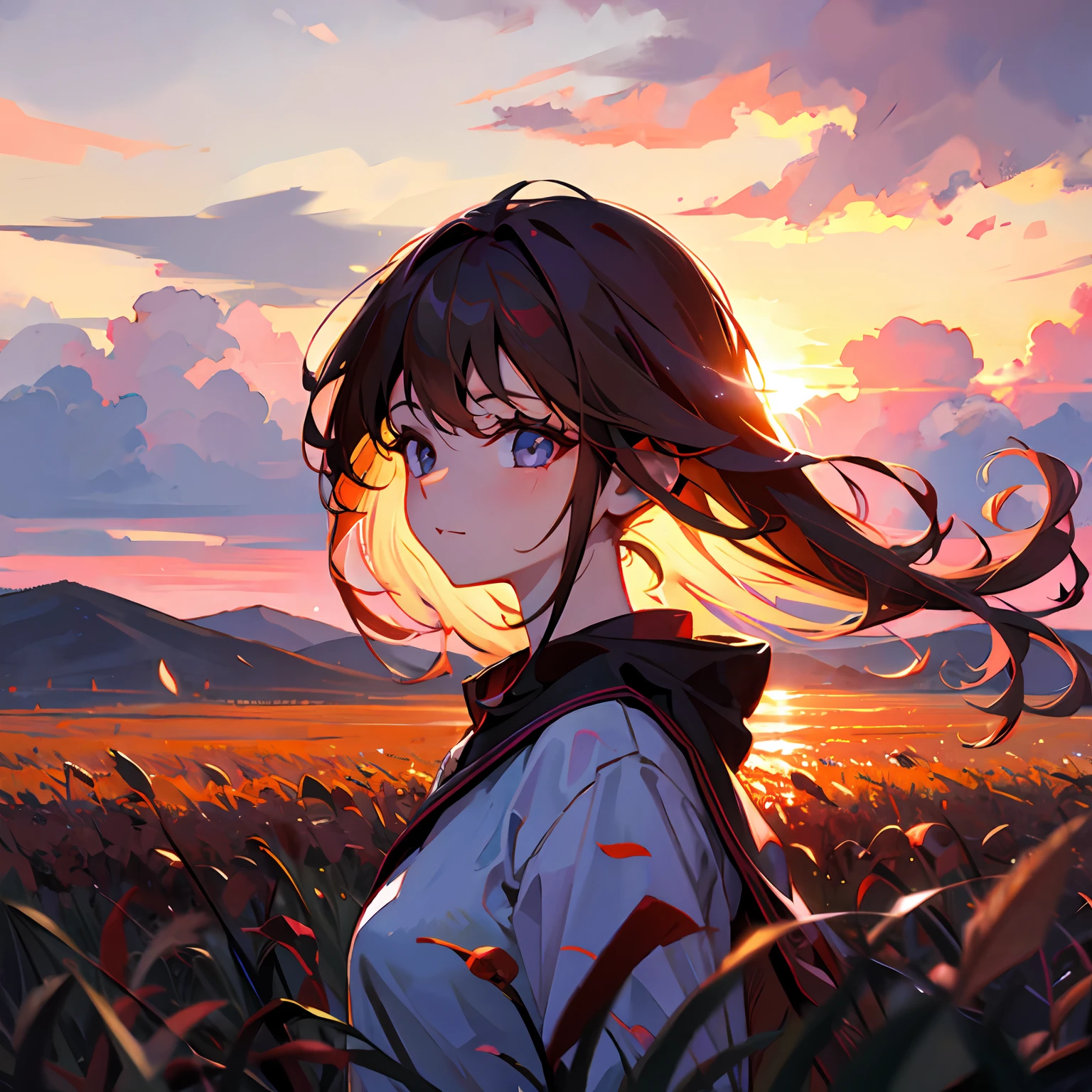 girl standing in field, closeup, portrait, clouds, sunrise