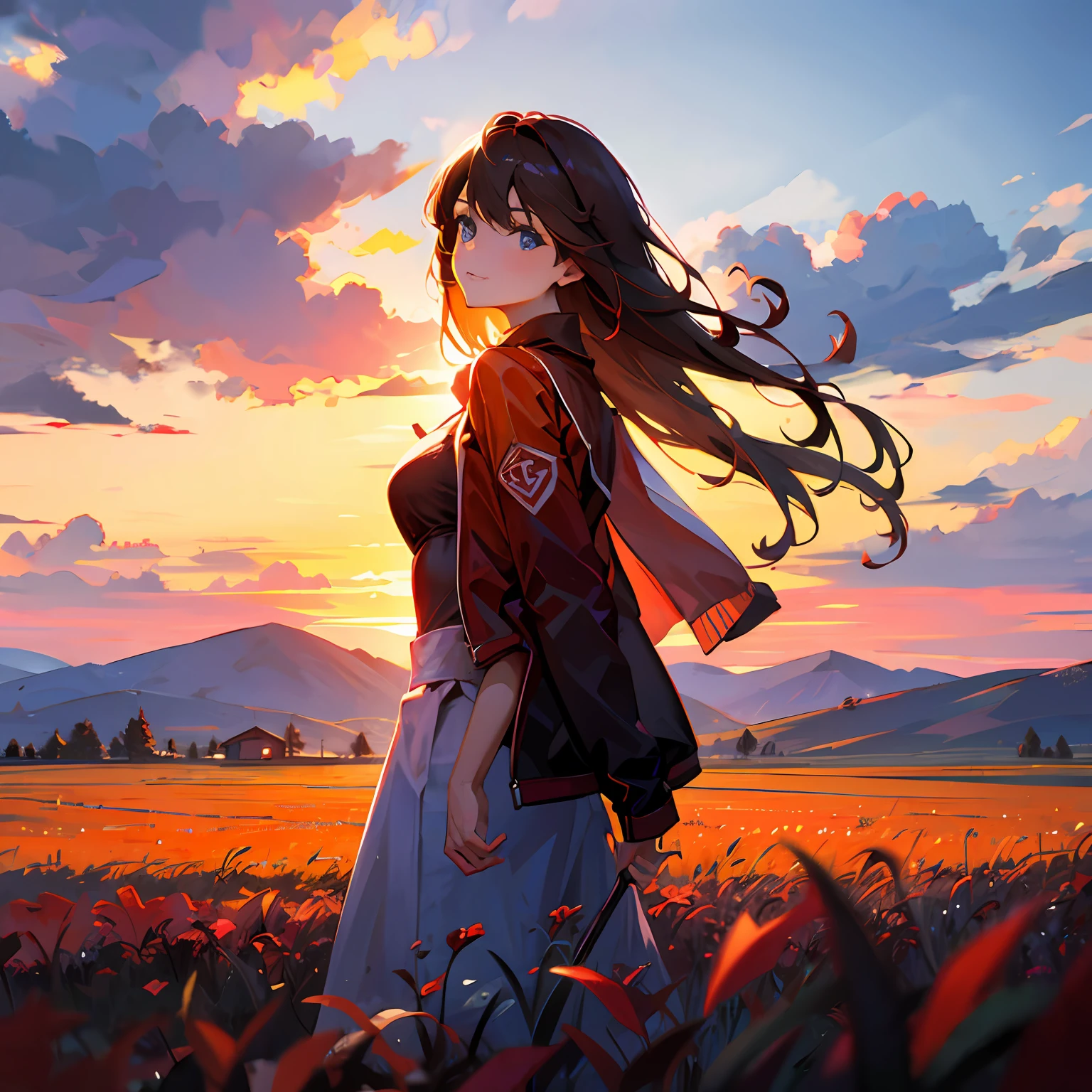 girl standing in field, closeup, portrait, clouds, sunrise