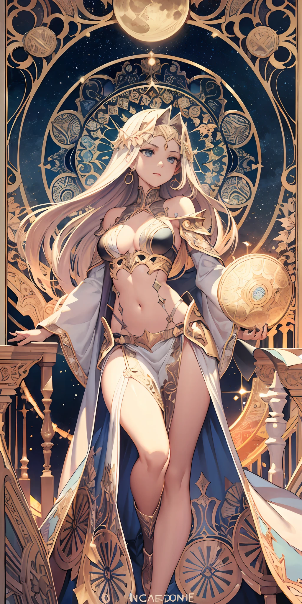European woman， full bodyesbian， Flower frame， Decorative panels， abstract artistic， Alphonse Mucha （tmasterpiece， best qualtiy， A high resolution： 1.4）， A detailed， Complicated details， 4K， Color splattering， Line art， Fibonacci， starrysky， natta， exteriors， Clouds， Reflectors， Eau， magick， （tarot cards），Cards， Female warrior in armor， （（beautiful golden crystal star）） buliding， palaces， Patterned， Sumeru， Clouds， themoon