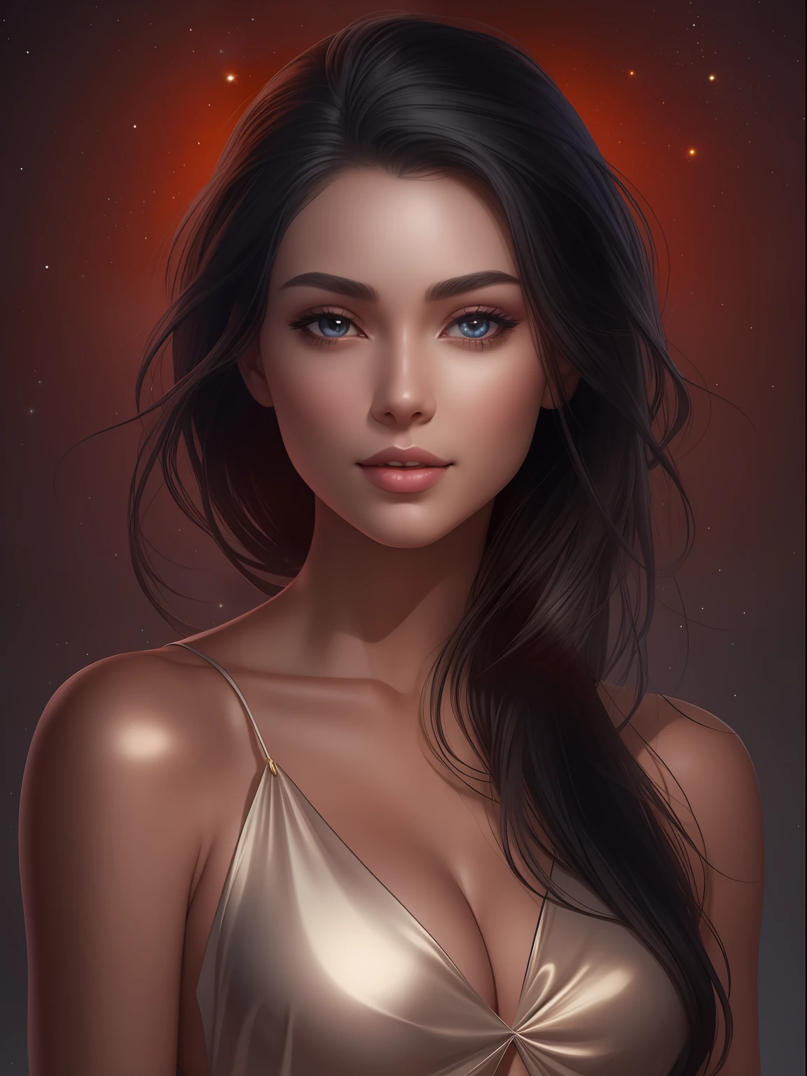 Full body portraitof a beautiful woman in the center.She has wonderful black hair, rous skin, mesmerizing legs, a big and beautiful backside. Intimate. She is dressed in a luxurious red very thin silk dress. She magnetizes riches, prosperity and genuine loves. Background is the universe, glaxy, stars, comets. A mystical, magical and charming air. (masterpiece), realistic, (27 year old female), pretty face, wearing simple very thin silk beige shirt and very thin silk skirt. studio lighting, cinematic light, beautiful woman, beautiful brilliant black eyes. perfect anatomy, very cute smile, princess eyes, center image, style, bioluminescent, life size 8, 8k resolution. elegant, close to perfection, dynamic, highly detailed, character sheet, concept art, soft, positioned so that their bodies are al symmetrical and balanced directly towards the viewer.