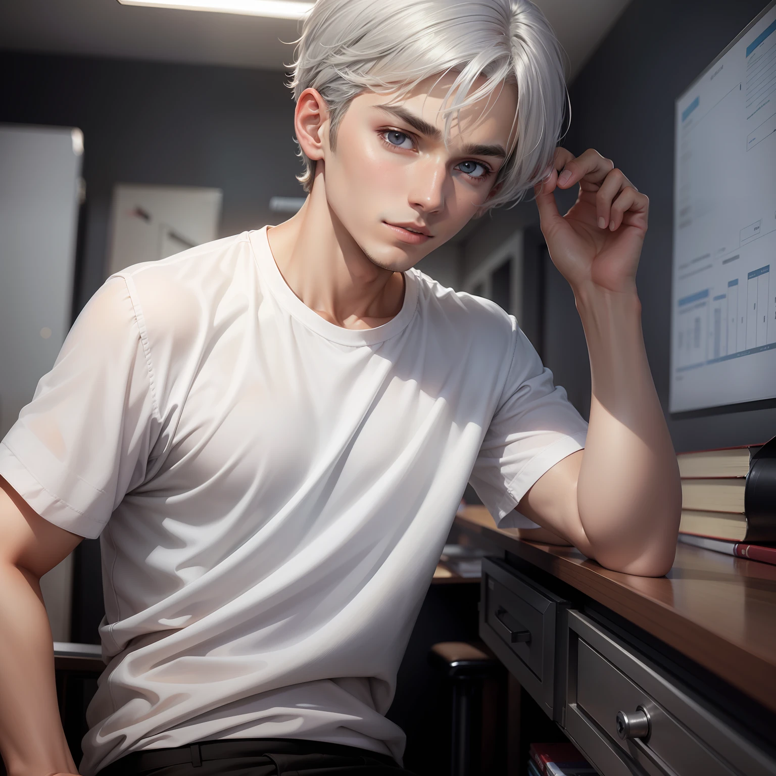 Two-dimensional short haired male student silver hair silver eyes silver shirt