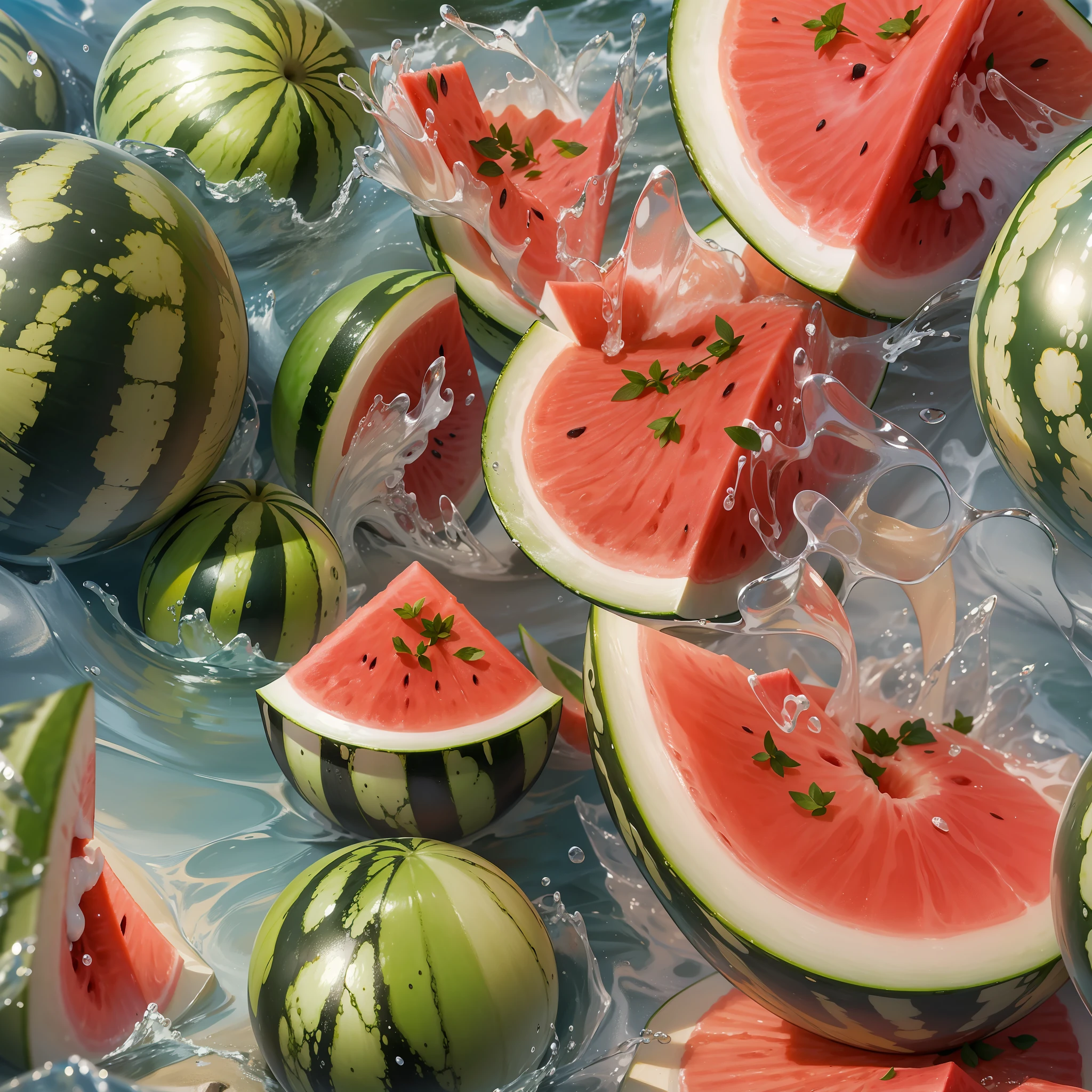 Hyper-realistic commercial photography of a juicy, vibrant watermelon sliced open, set on a sunny beach with sea water splashing around, detailed texture, refreshing, appetizing, summer vibes, holiday feeling --ar 4:3 --v 5.2 --q 1