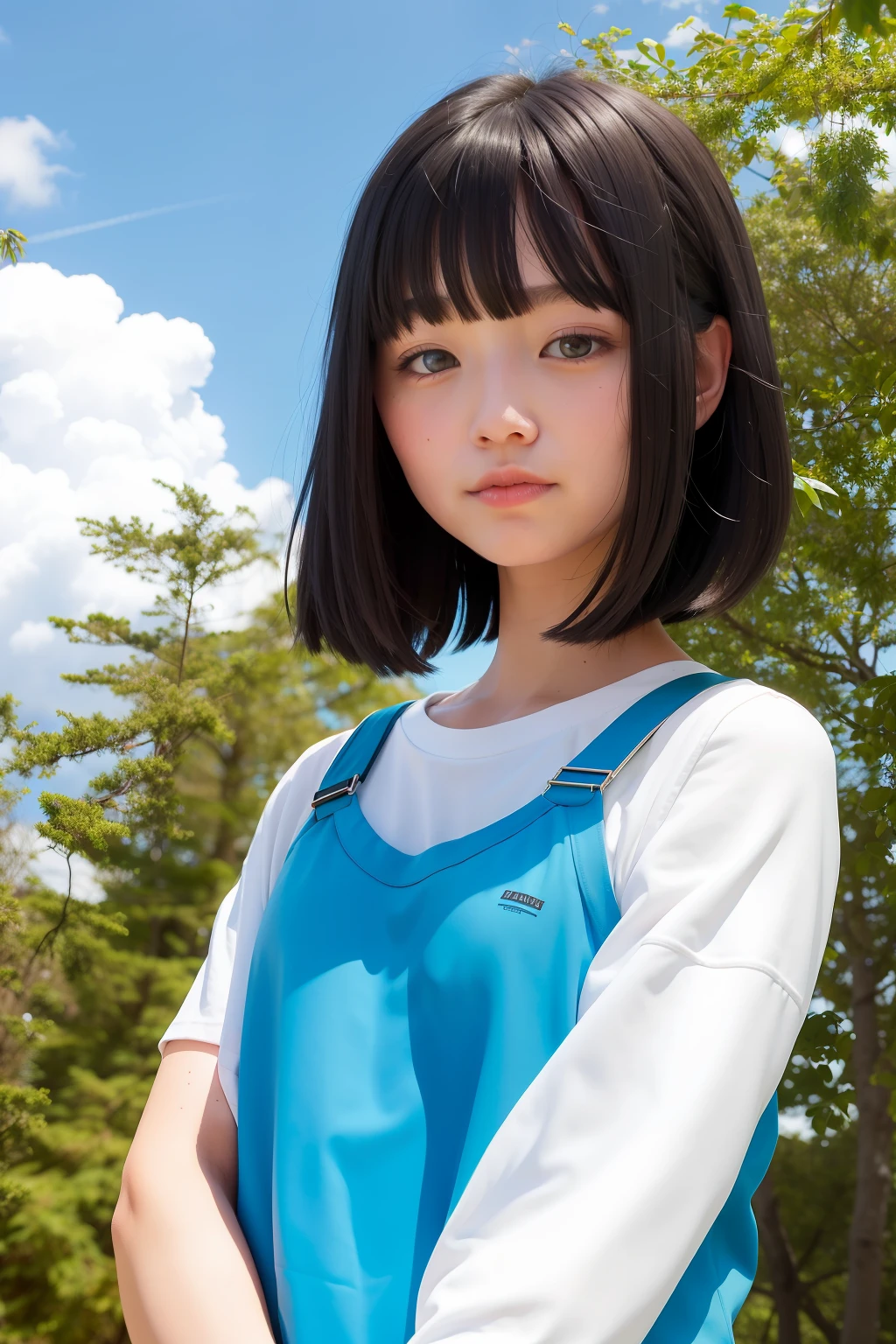 Under the blue sky and white clouds,at a forest,There is a girl with black hair