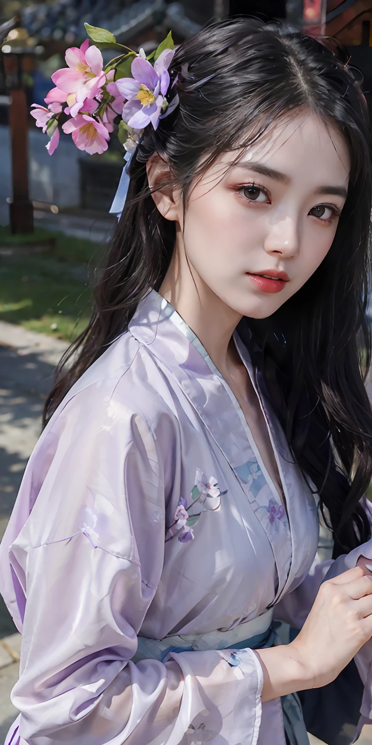 masterpiece, black_hair, 1 girl, looking at the audience, long_hair, nail_polish, solo, ancient art, Chinese,(8k, best quality, masterpiece:1.2), (realistic, realistic:1.2), (background sky: 1.2), (face close-up: 1.7), looking at the audience, hanfu, 1girl, (purple flower pine ink: 1.1), face close-up, detailed face, hanfu, song, long shan, pleated skirt，cinematic lighting, motion blur, ray tracing, god rays, bloom, drop shadow, close-up, lens flare, UHD, masterpiece, ccurate, anatomically correct, textured skin, super detail, high details, high quality, award winning, best quality, highres, 16k, HD, face close-up, close-up, close-up, accurate, correct hand, (anatomically correct: 1.5),