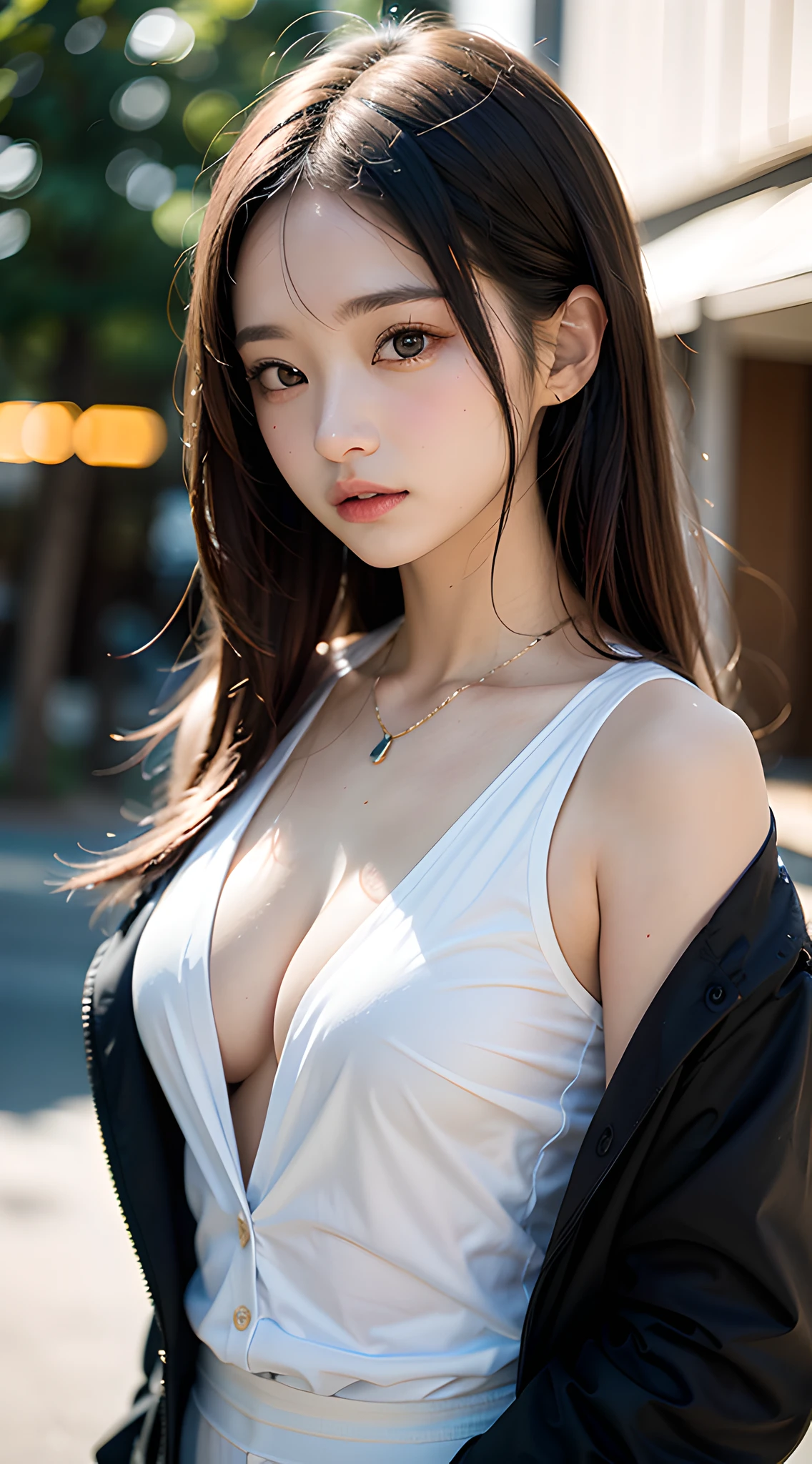 (masterpiece, best quality:1.2), 8k, 85mm, official art, raw photo, absurdres, violaceaess, rosaceaess, gardeniass, beautiful girl, pretty face, close up, upper body, cinch waist, black tailored suit, suit jaket, V-neck shirt, looking at viewer, (cleavage:0.7), large breasts, necklace, film grain, chromatic aberration, sharp focus, facelight, clear lighting, detailed face, (bokeh background:1.2)