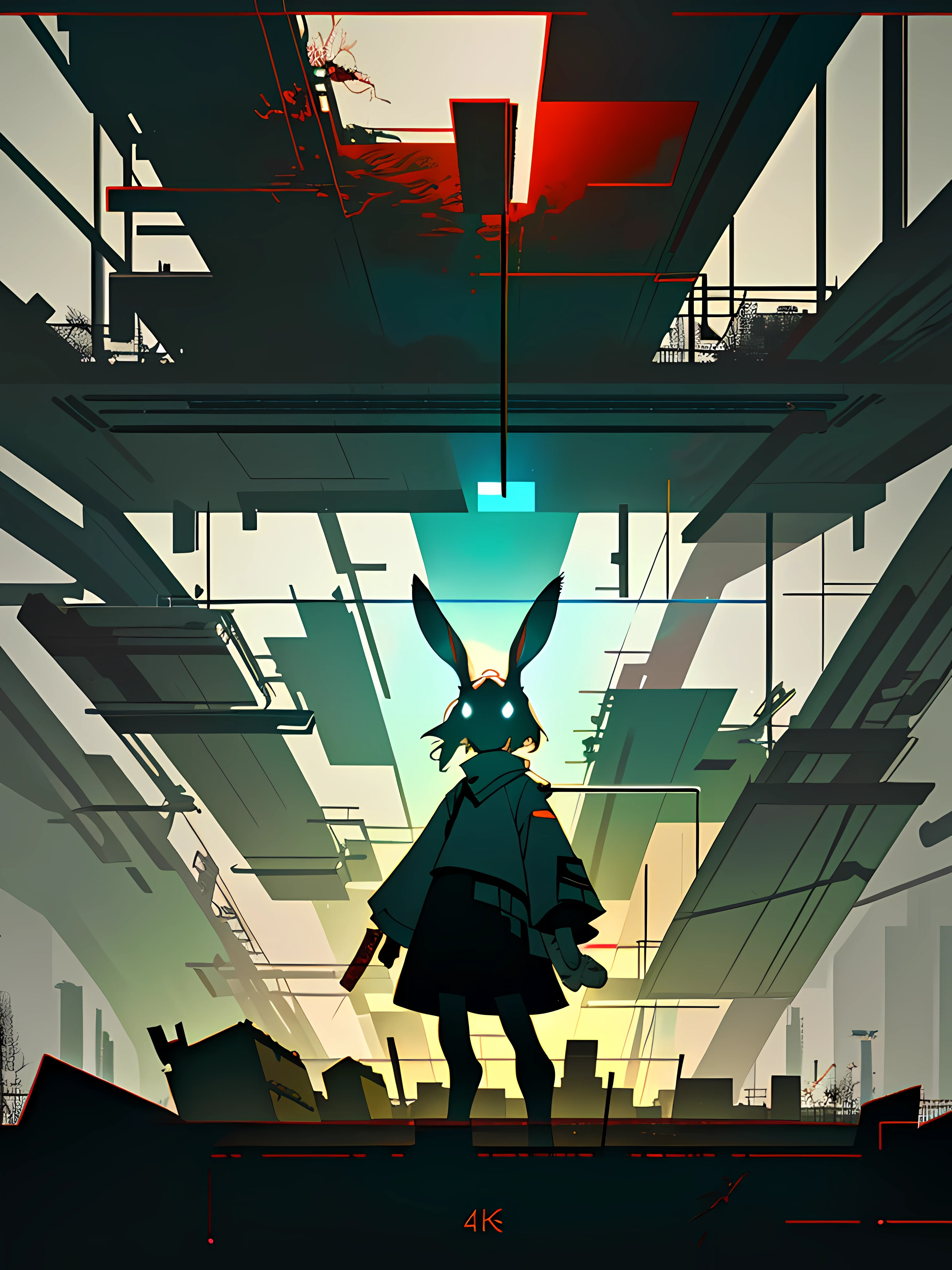 (blame! style abandoned tech landscape), (Zen, Amy Sol style), (underground, dark, foggy, perilous, abandoned dystopian apartment bedroom, deep windows), (abstract anthro rabbit figure wearing bunny ears), cover art with light abstraction, abstract, simple vector art, contemporary Cybernetic art, color gradients, soft color palettes, layered forms, whimsical animation, style Ethereal abstract, 4K, --v6