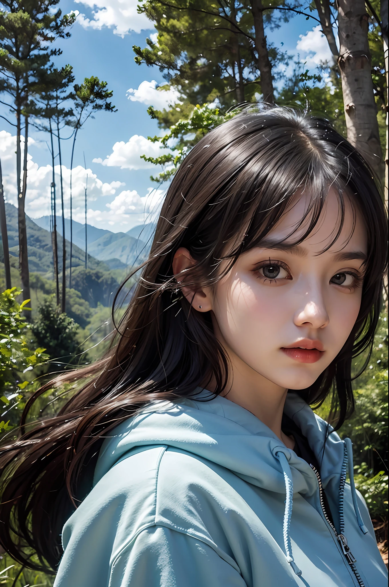 Under the blue sky and white clouds，at a forest，There is a girl with black hair