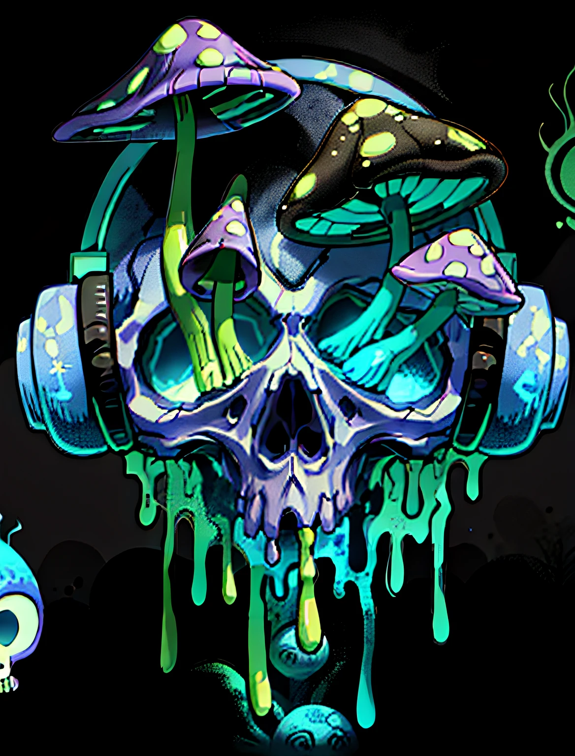 Skull with headphones and mushrooms, cogumelo trippy, skull design for a rock band, infected mushroom, magic mushrooms, drawing of a skull, Cogumelos, fantasy skull, Poison drips, hooded skull, Psilocybin, magic mushrooms, Official artwork, skulls, alien skull, alien skull, skelleton, Silent decay coloring, mushroom, morphing skulls