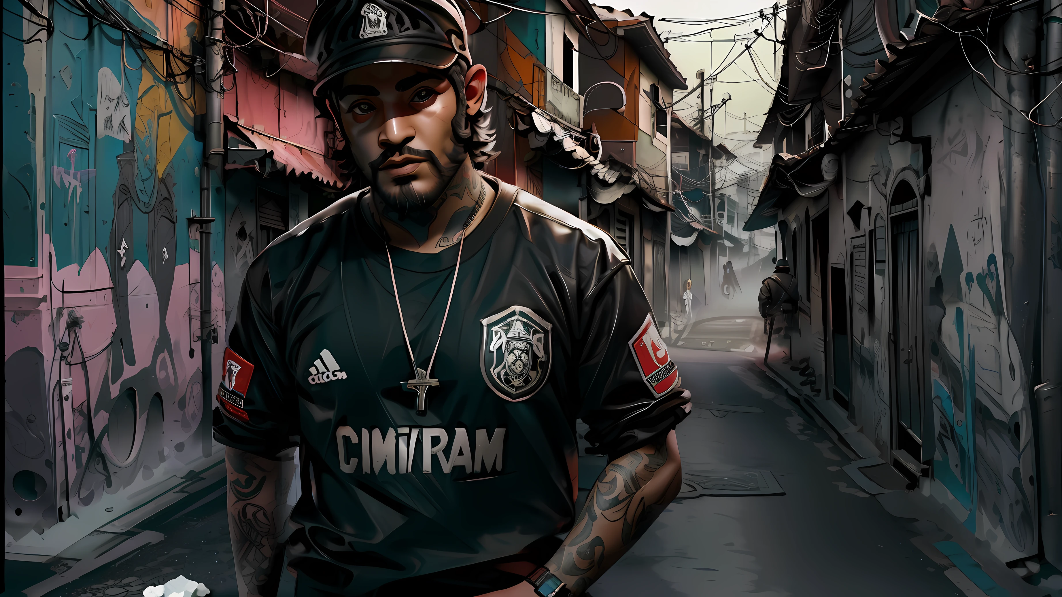 IMAGEM DE UM ULTRA REALISTA, (A GANGSTER HOLDING A SMARTPHONE WITH (cocaine) em cima), RIO DE JANEIRO STREET, ((RUA ESTILO FAVELA)), rua suja, casas antigas, DANGEROUS STREET WITH SEVERAL GANG MEMBERS, graffiti on walls, LISTRAS PRETAS E VERMELHAS NA CAMISA DO TIME DE FUTEBOL, Tatuado, olhar sinistro, HOLDING A SMARTPHONE WITH COCAINE ON TOP, CAMPO DE FUTEBOL SEM GRAMADO, ANTIGO CAMPO DE FUTEBOL, Drogas, armas, gangue, GUERRA DE RUA