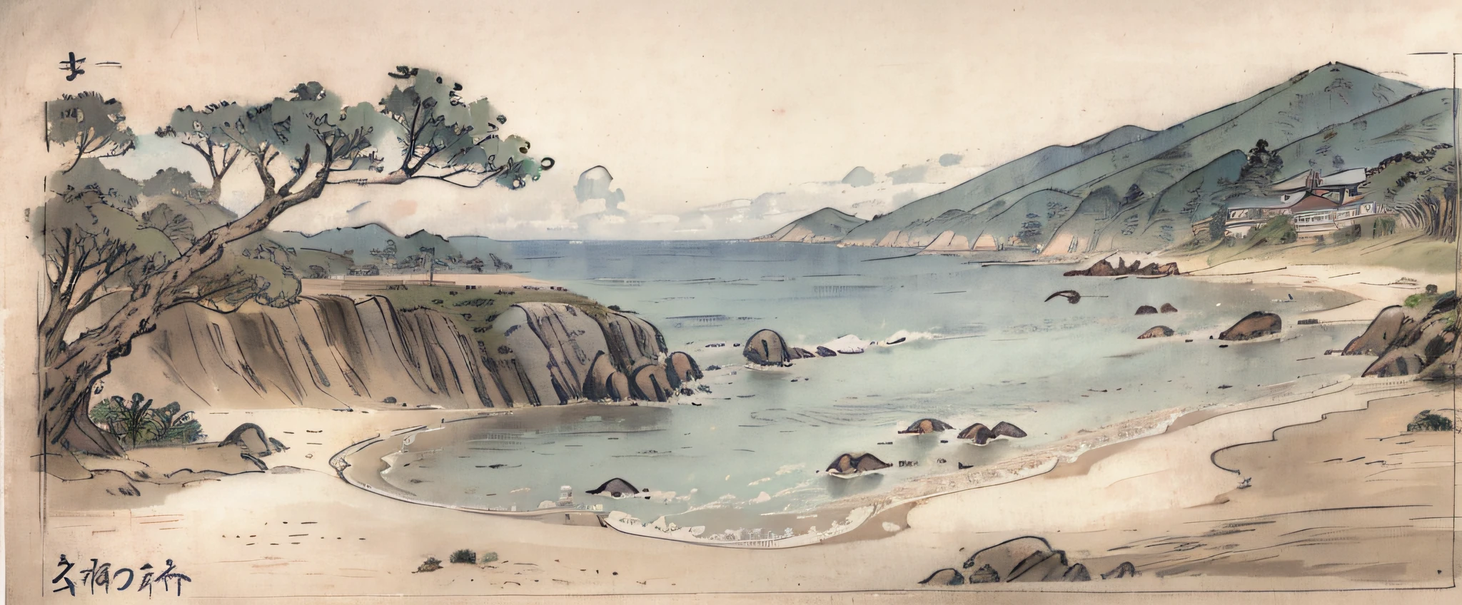 Ancient Japanese Sketch near the ocean with no buildings, only nature, beach and ocean.