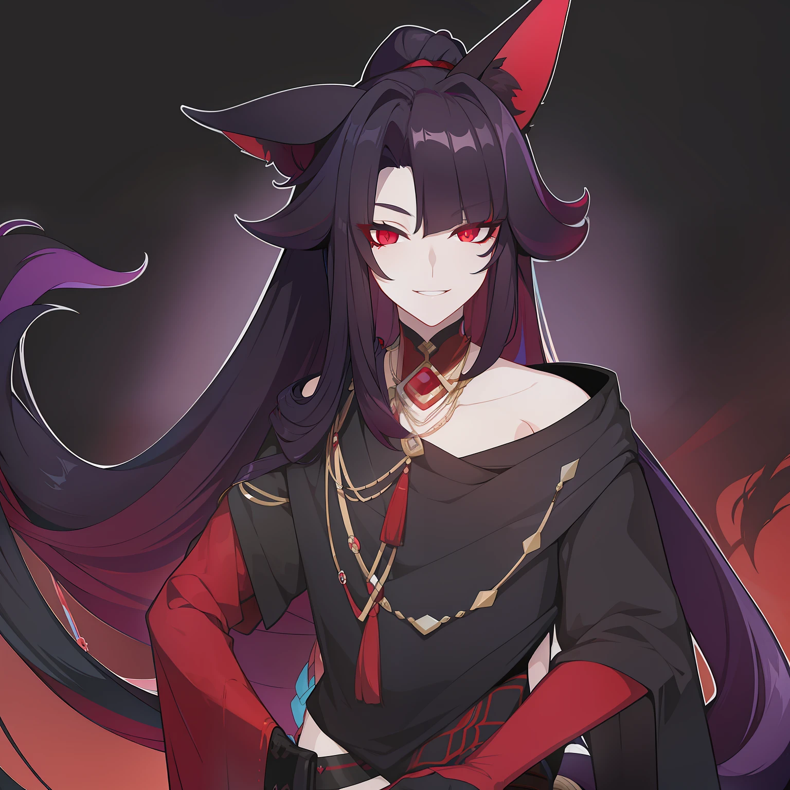 Young guy, pretty facial features, long dark purple hair, half gathered in messy ponytail, half loose, dangerous bright red eyes, black fit clothes with many jewels, fox ears and tail, mad smile