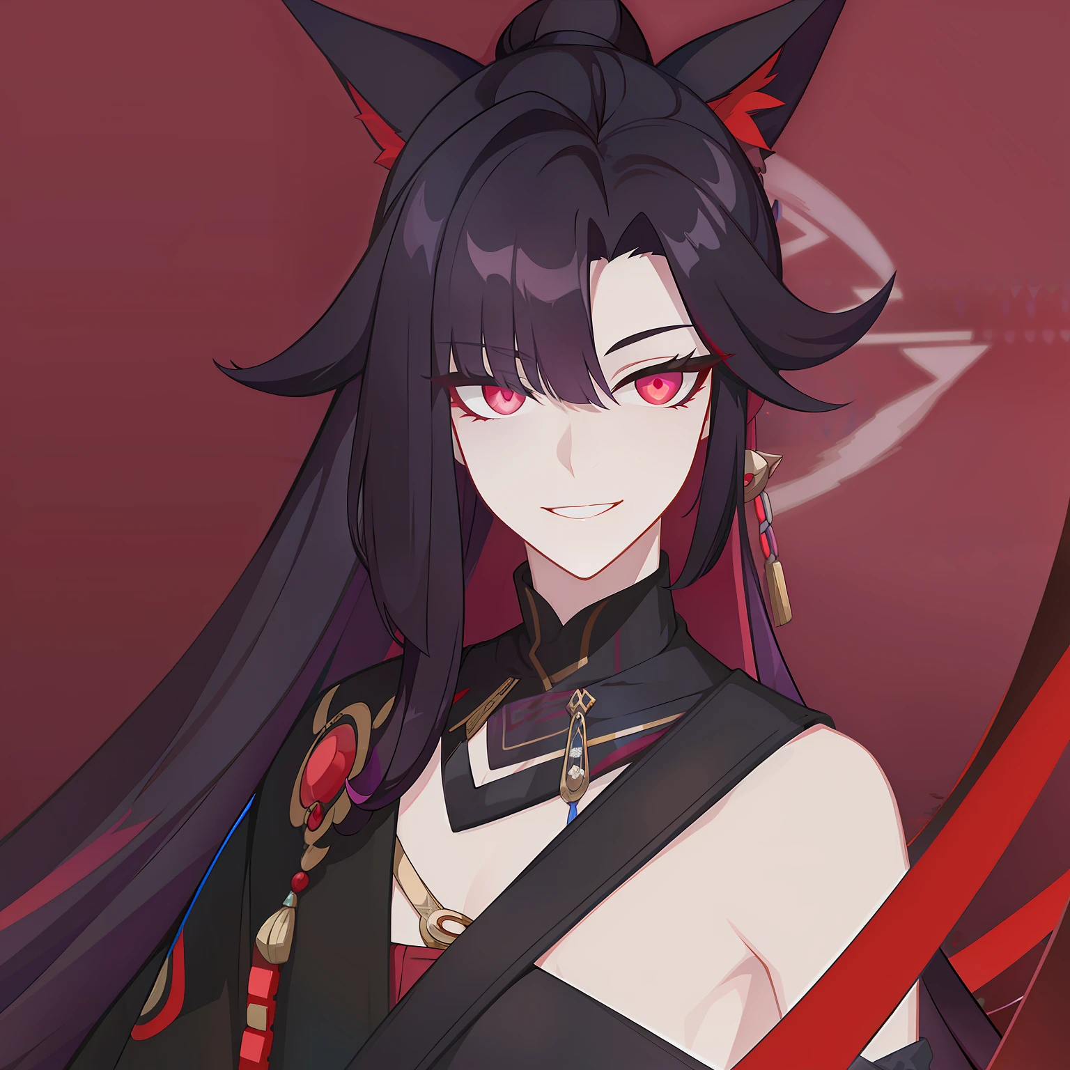 Young guy, pretty facial features, long dark purple hair, half gathered in messy ponytail, half loose, dangerous bright red eyes, black fit clothes with many jewels, fox ears and tail, mad smile