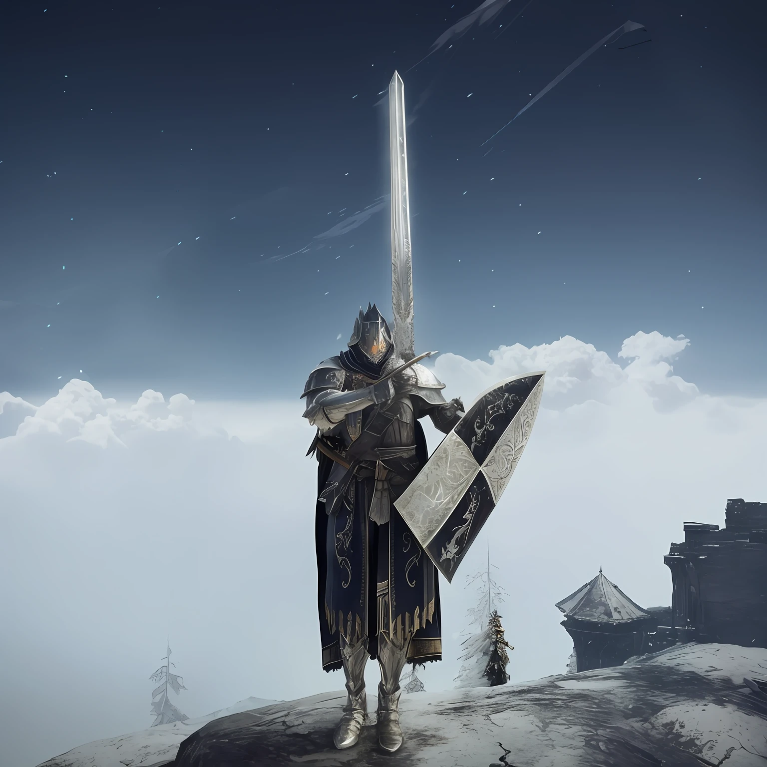 There was a man standing on a rock with a sword, sliver ice color reflected armor, chainsword in the other, holding enormous sword, the dark souls knight, strong fantasy knight, Holding a giant sword, the dark souls knight, giant sword, detailed armor with white scarf, Armor made of ice, dark souls 3 themed, The holy sword in his hand