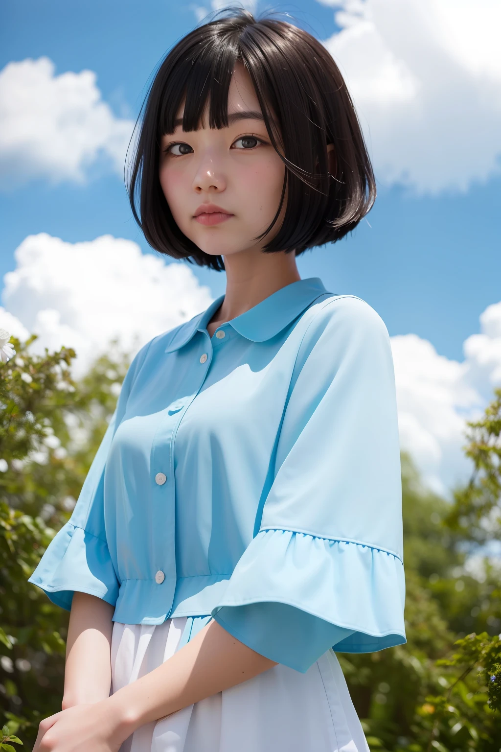 Under the blue sky and white clouds,at a forest,There is a girl with black hair