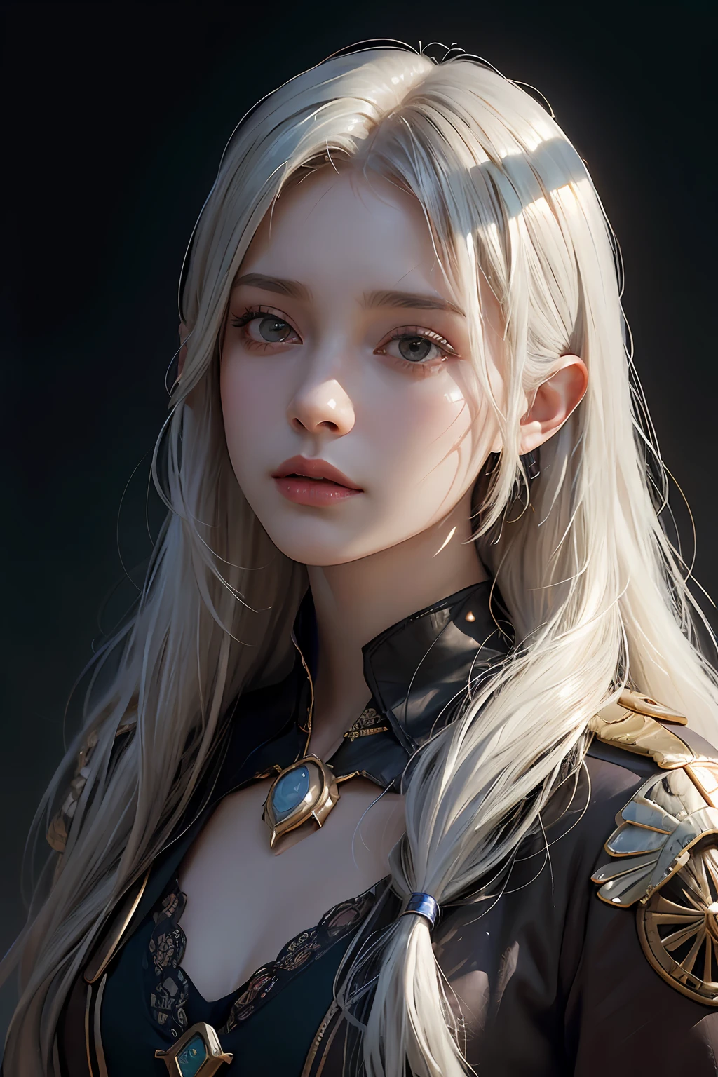 Hyperrealist portrait of female by david hockney and alphonse mucha,fantasy art, photo realistic, dynamic lighting, artstation, poster, volumetric lighting, very detailed faces, 4 k, award winning,, 1girl, in the dark, deep shadow, low key,cowboy shot,(official clothing:1.4) ,long hair,white hair,