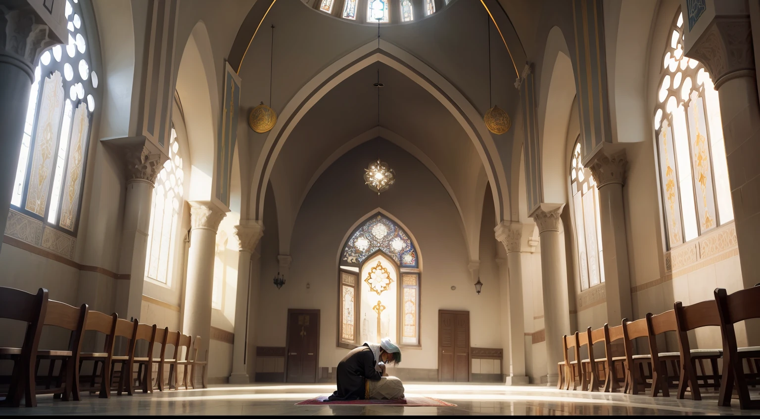 Holy Days，The figure kneels and prays，Gorgeous Islamic church，Islam，tranquillity，divino