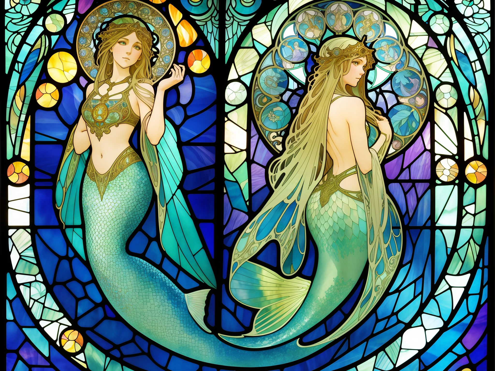 Stained glass mermaid cathedral in Art Nouveau style, Alphonse Mucha, James Jean, Erin Hanson, hyper-detailing, Backlit, Perfect symmetrical eyes, Gorgeous face