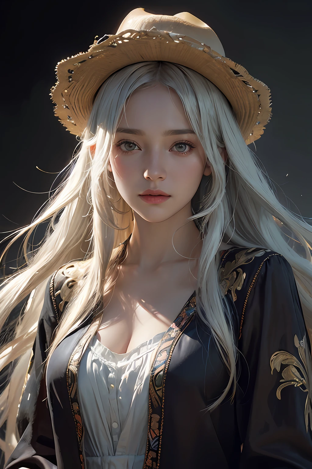 Hyperrealist portrait of female by david hockney and alphonse mucha,fantasy art, photo realistic, dynamic lighting, artstation, poster, volumetric lighting, very detailed faces, 4 k, award winning,, 1girl, in the dark, deep shadow, low key,cowboy shot,(official clothing:1.4) ,long hair,white hair,