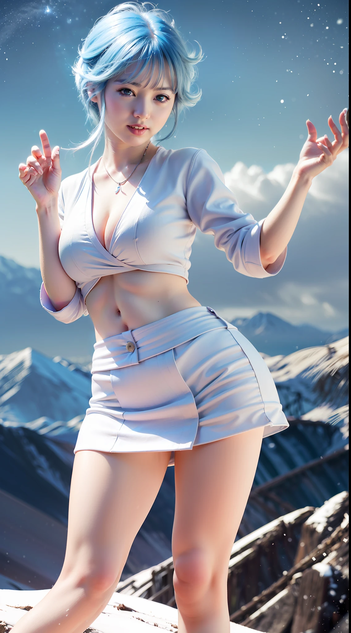 ((Ultra Top Quality、in 8K、​masterpiece:1.3))、1girl in((Cute snow woman with perfect body shape: 1.5、Light blue shorthair: 2.0、tits out: 1.0、a smile、Highly detailed facial and skin texture、A detailed eye、二重まぶた、Pink obi: 2.0、Wearing a plain white miniskirt over a Japanese priestess costume: 2.0))、((snow mountains: 2.0、Dancing Snow: 1.5、with light glowing、natural soft light))